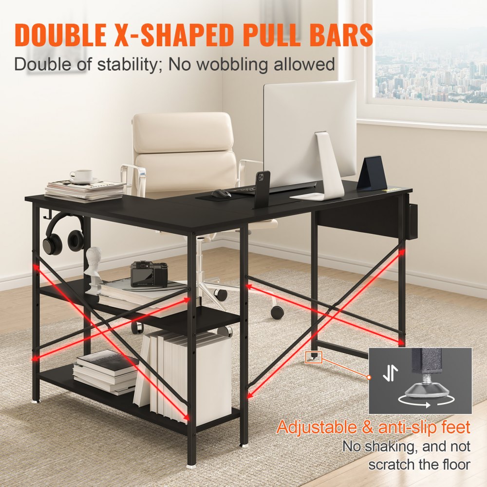 Biurko narożne VEVOR Biurko w kształcie litery L Czarne 1200 x 890 x 760 mm Stół w kształcie litery L, biurko w kształcie litery L, oszczędność miejsca dzięki podwójnym półkom i haczykom, idealne do gabinetu, domu, biura itp.