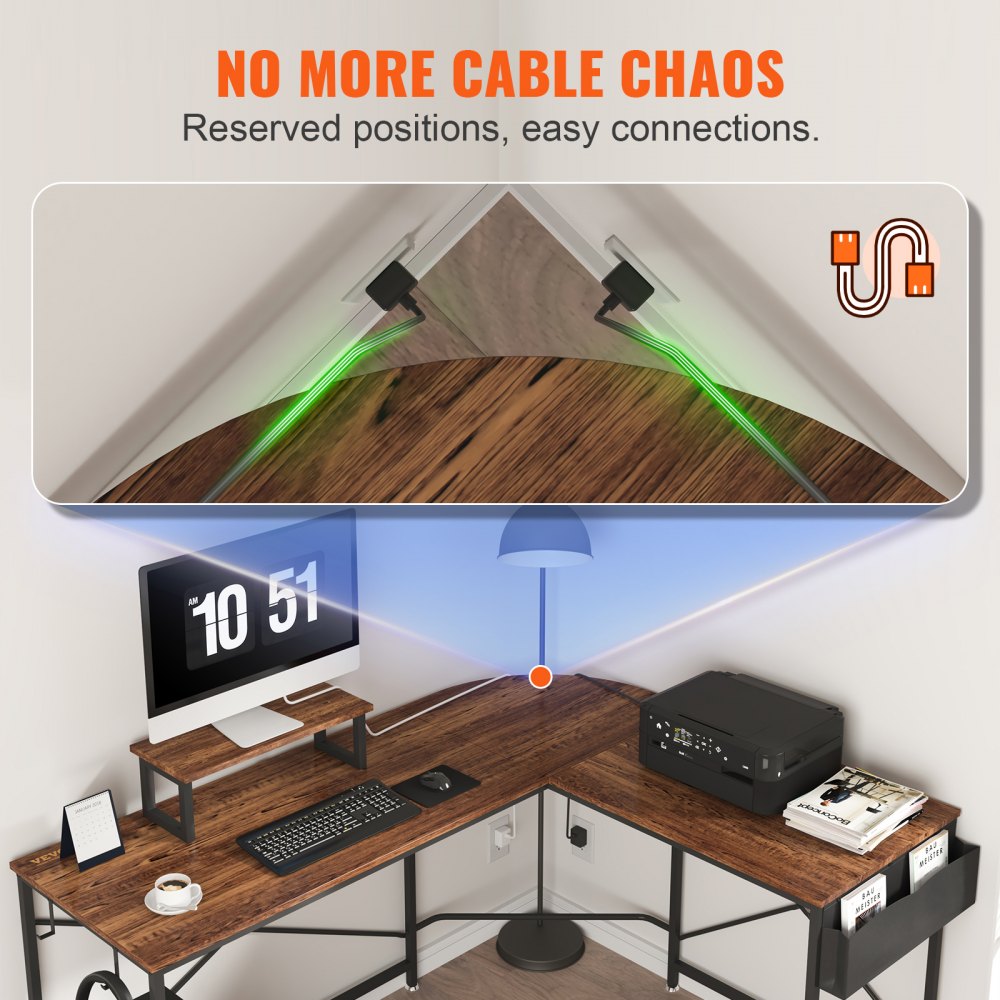 VEVOR Biurko narożne Biurko w kształcie litery L Brązowe 1500 x 1200 x 760 mm Stół w kształcie litery L, biurko w kształcie litery L, oszczędzające miejsce z systemem zarządzania kablami i uchwytem wyświetlacza do gabinetu, domu, biura itp.