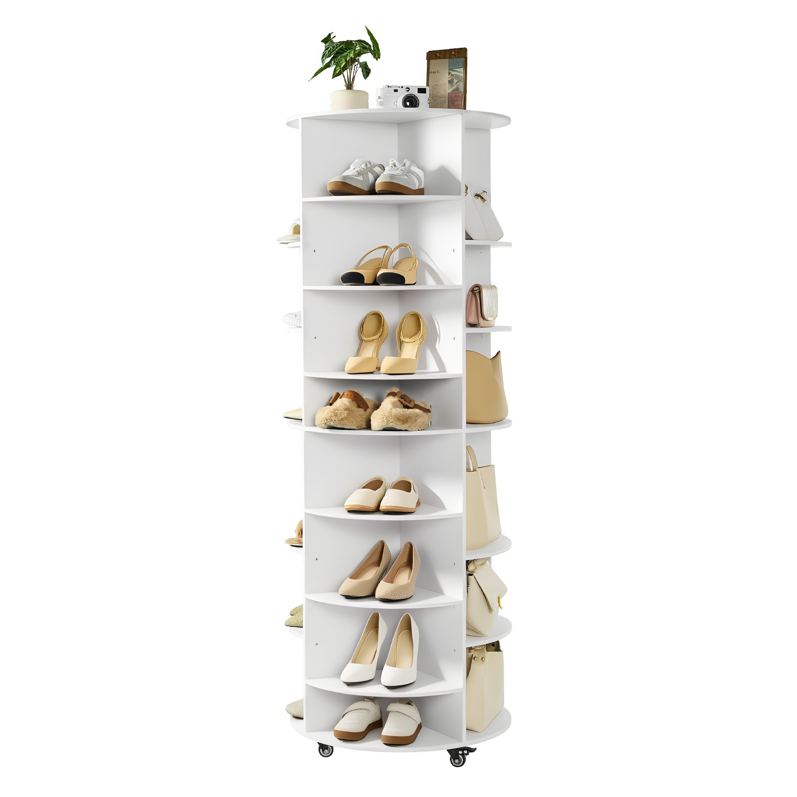 Półka na buty VEVOR, szafka na 28 par butów (7 poziomów), obrotowa o 360°, mobilna, do sypialni, salonu, przedpokoju, biała, 588 x 588 x 1646 mm