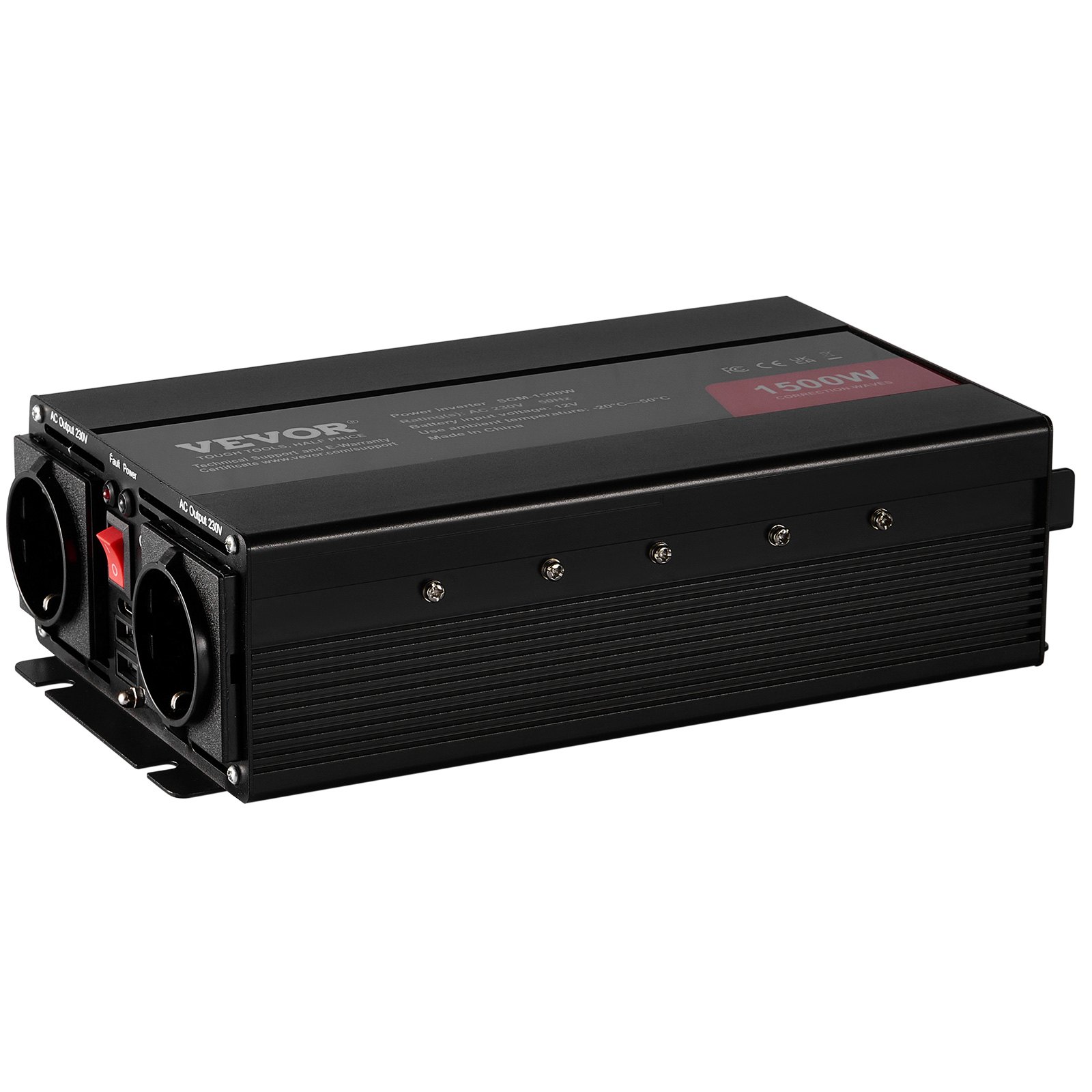 Falownik sinusoidalny VEVOR, falownik o mocy 1500 W DC 12 V AC 230 V z 2 gniazdami AC, 2 portami USB, 1 portem typu C i 6 zapasowymi bezpiecznikami do małych urządzeń gospodarstwa domowego, takich jak smartfony i laptopy