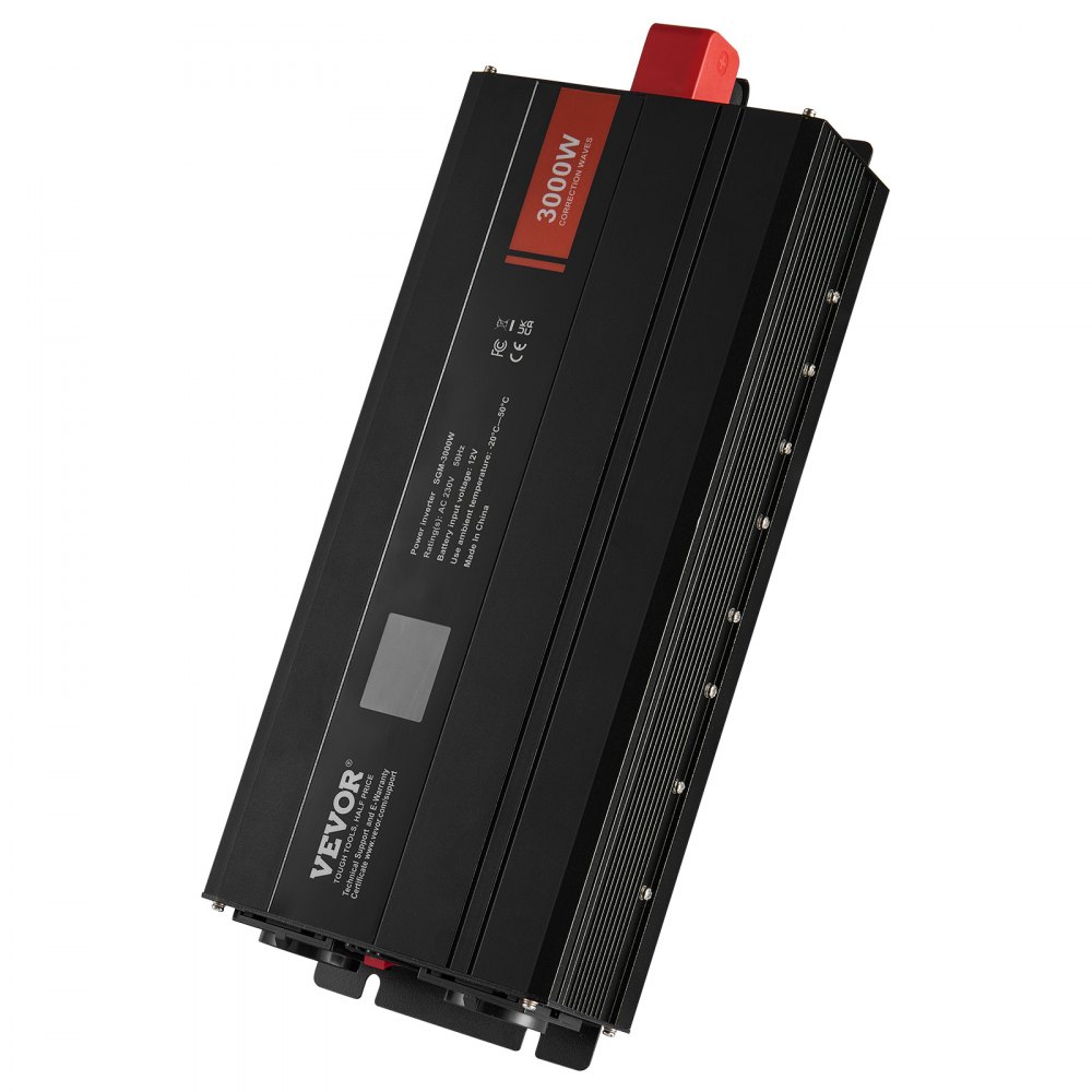 Falownik sinusoidalny VEVOR 3000 W DC 12 V AC 230 V z wyświetlaczem LCD, 3 gniazdami AC, 2 portami USB, 1 portem typu C, 10 zapasowymi bezpiecznikami do dużych urządzeń gospodarstwa domowego