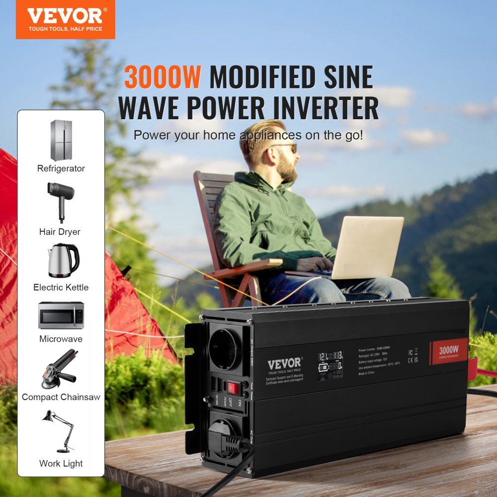 VEVOR Falownik sinusoidalny 3000 W DC 12 V AC 230 V z wyświetlaczem LCD, 3 gniazdami AC, 2 portami USB, 1 portem typu C, 10 zapasowymi bezpiecznikami do dużych urządzeń gospodarstwa domowego