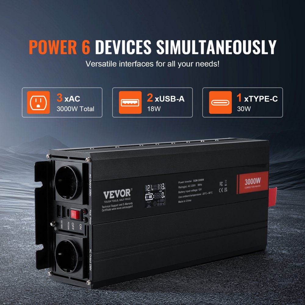 VEVOR Falownik sinusoidalny 3000 W DC 12 V AC 230 V z wyświetlaczem LCD, 3 gniazdami AC, 2 portami USB, 1 portem typu C, 10 zapasowymi bezpiecznikami do dużych urządzeń gospodarstwa domowego