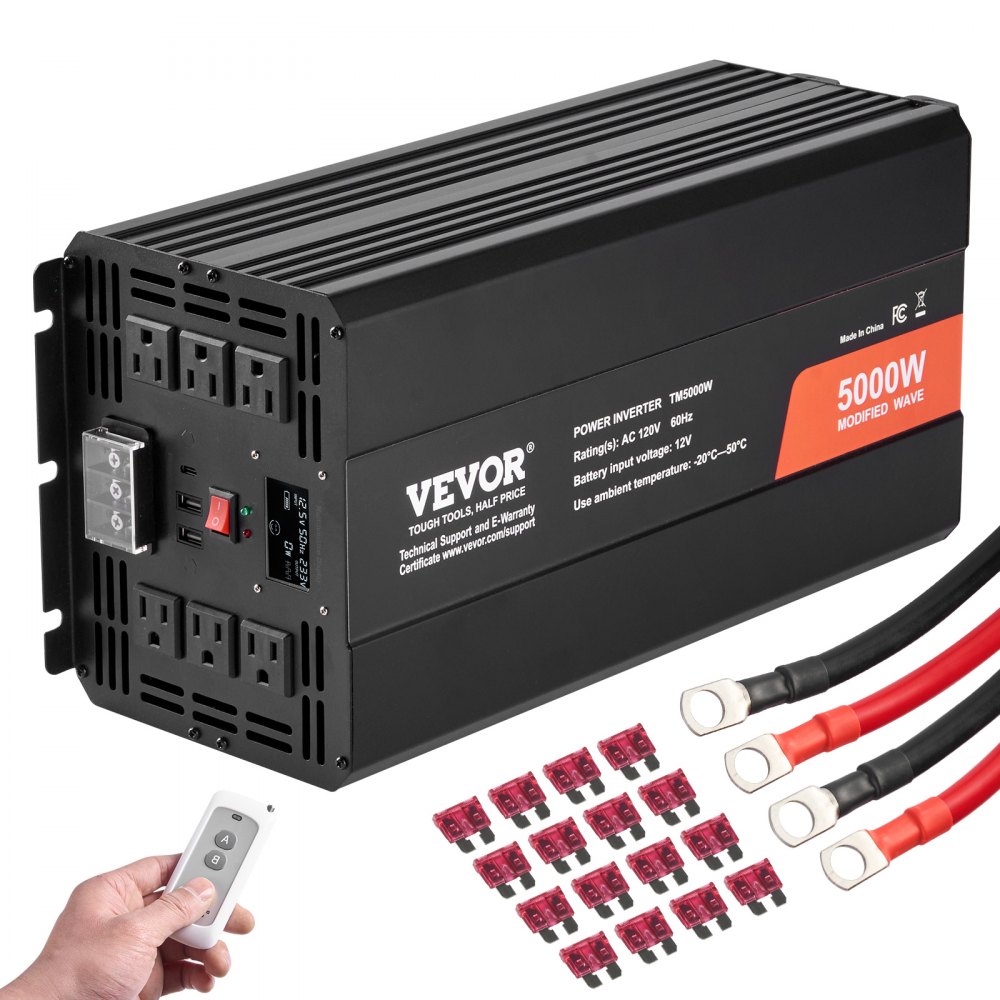 Inwerter sinusoidalny VEVOR 5000 W Przetwornica napięcia stałego 12 V na 230 V AC z 2 gniazdami prądu przemiennego 2 porty USB 1 port typu C Wyświetlacz LCD i pilot do urządzeń gospodarstwa domowego o dużej wytrzymałości