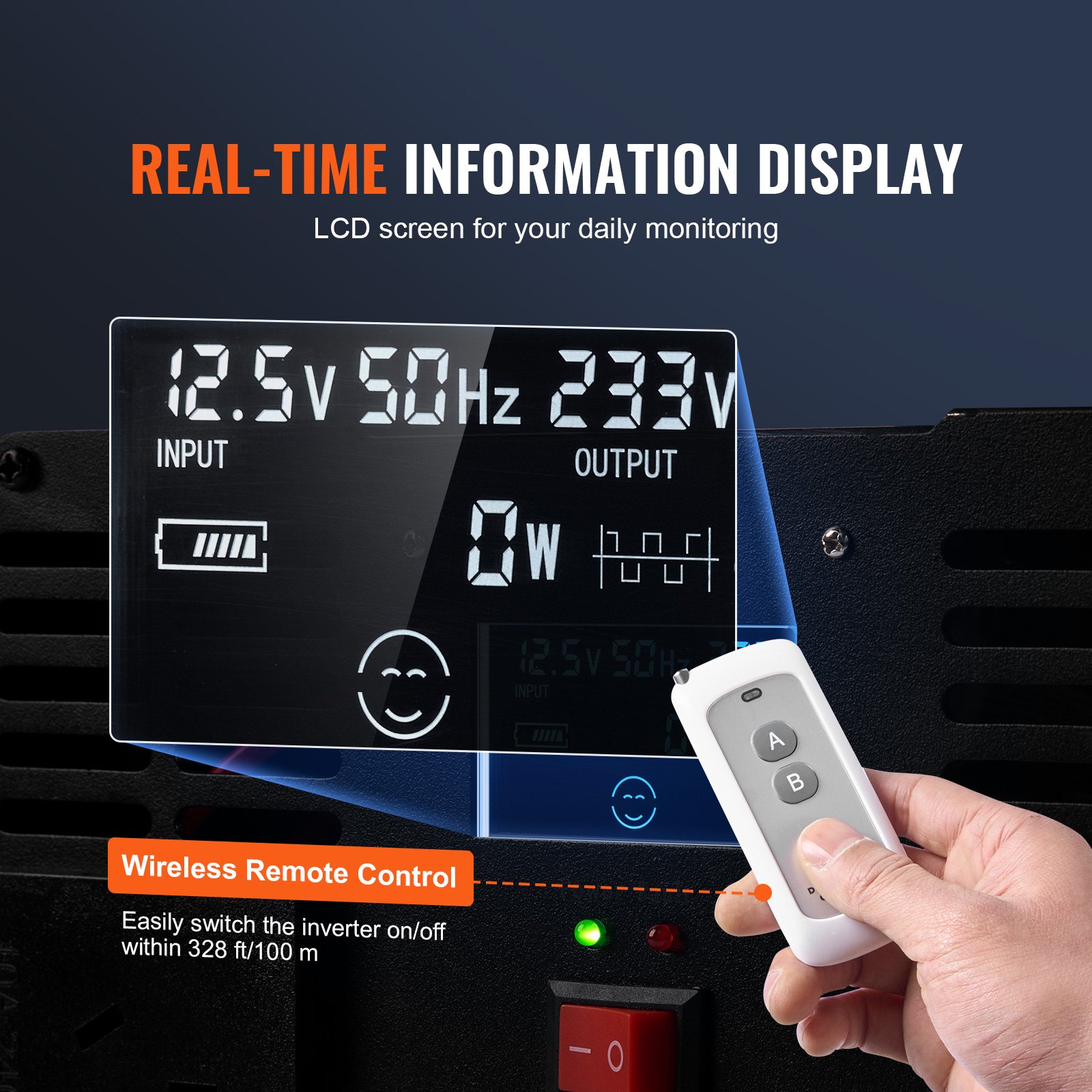 Falownik sinusoidalny VEVOR o mocy 5000 W, prąd stały 12 V na prąd przemienny 230 V, z 2 gniazdami prądu przemiennego, 2 portami USB, 1 portem typu C, wyświetlaczem LCD i pilotem do urządzeń gospodarstwa domowego o dużej mocy