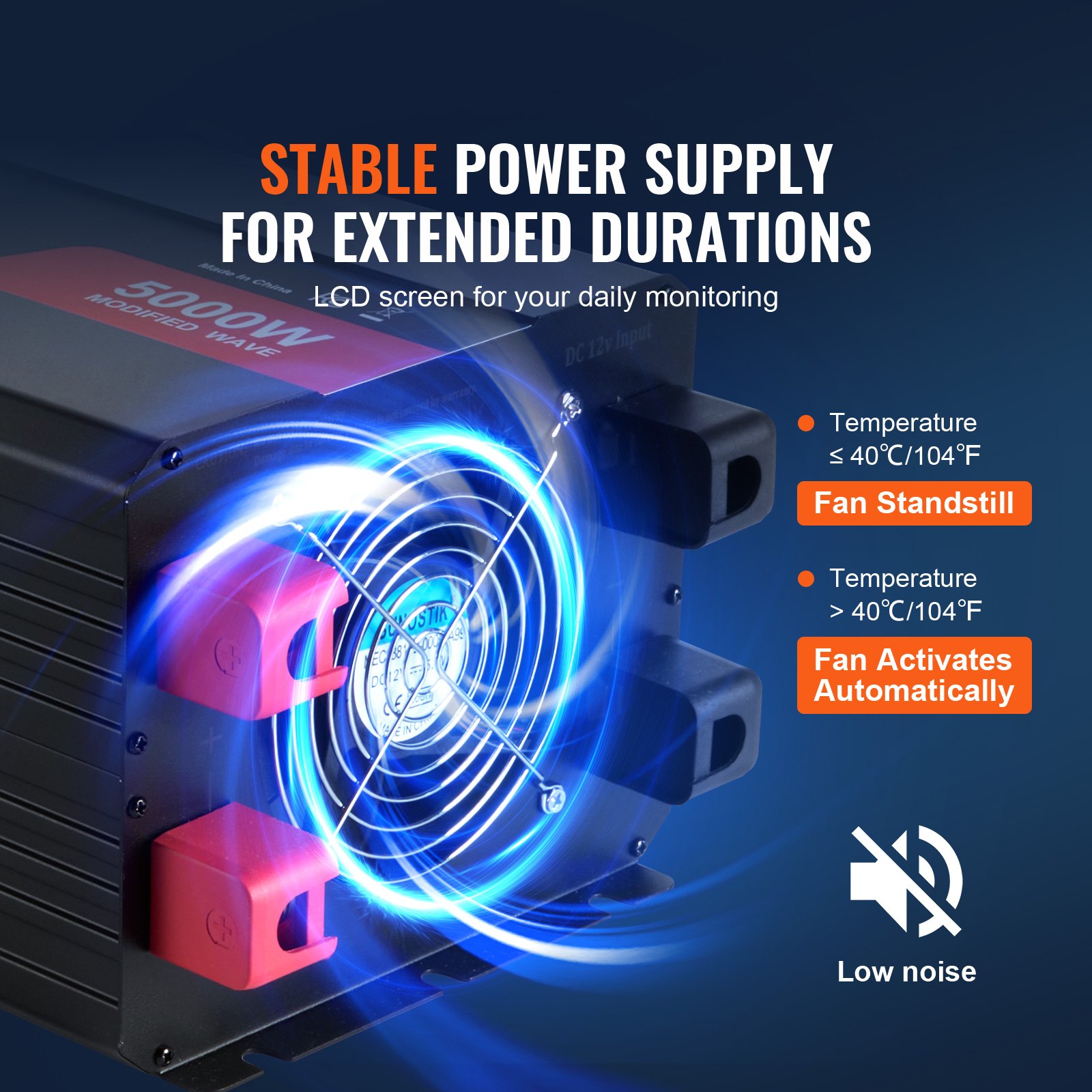 Falownik sinusoidalny VEVOR o mocy 5000 W, prąd stały 12 V na prąd przemienny 230 V, z 2 gniazdami prądu przemiennego, 2 portami USB, 1 portem typu C, wyświetlaczem LCD i pilotem do urządzeń gospodarstwa domowego o dużej mocy