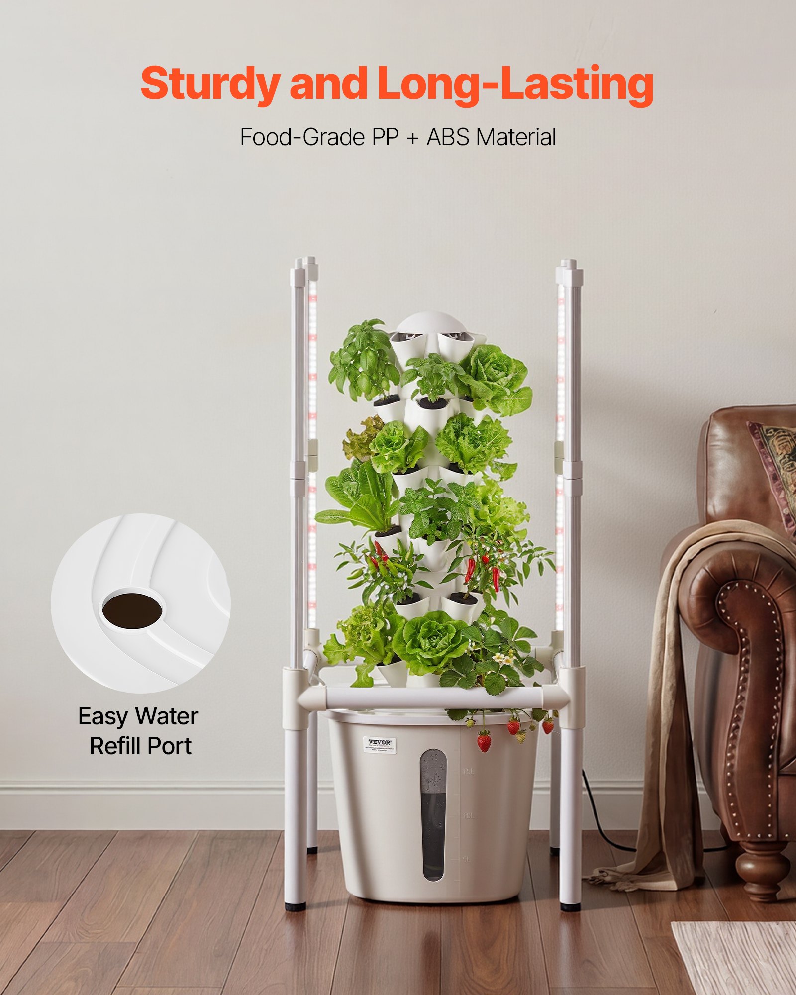 Wieża hydroponiczna VEVOR 30 kapsuł, wieża hydroponiczna 6 poziomów, zestaw do uprawy hydroponicznej z oświetleniem LED, sterowanie aplikacją, zbiornik na wodę 20 l i pompa, wieża hydroponiczna do ziół, owoców i warzyw