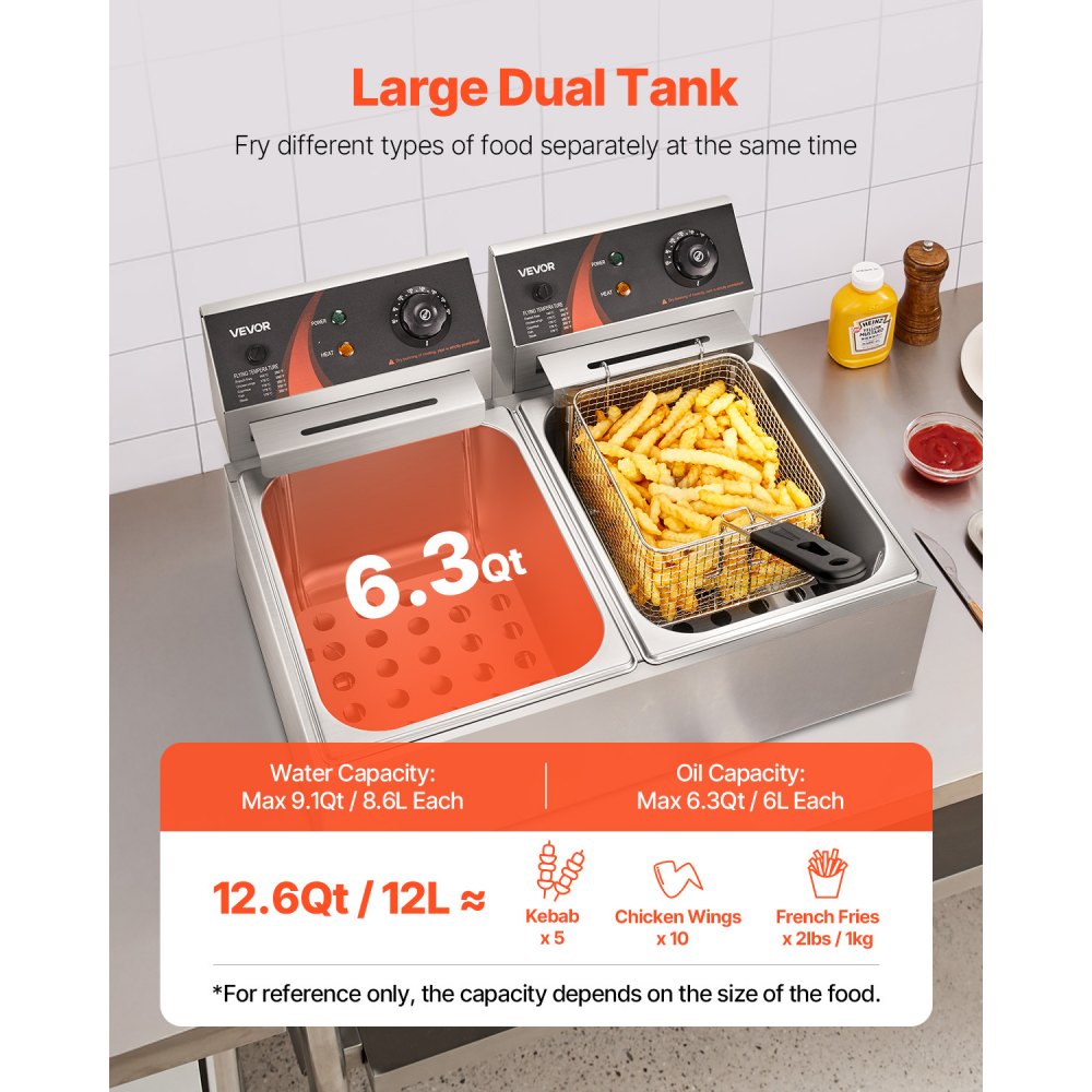 VEVOR wunicorn Deep Fryer 295 x 235 x 150 mm Commercial Electric Deep Fryer, Double Cold Zone Fryer YB-82 Silver Fryer Machine - 6 L + 6 L 5000W 220V for Fast Food Restaurants Snack Bars 10 kg