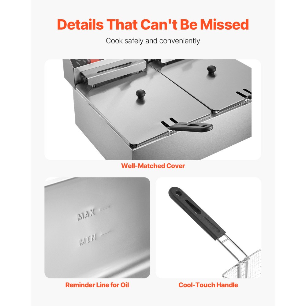 VEVOR wunicorn Deep Fryer 295 x 235 x 150 mm Commercial Electric Deep Fryer, Double Cold Zone Fryer YB-82 Silver Fryer Machine - 6 L + 6 L 5000W 220V for Fast Food Restaurants Snack Bars 10 kg