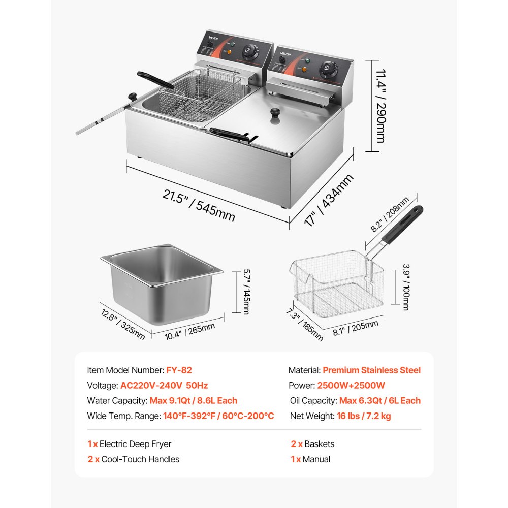 VEVOR wunicorn Deep Fryer 295 x 235 x 150 mm Commercial Electric Deep Fryer, Double Cold Zone Fryer YB-82 Silver Fryer Machine - 6 L + 6 L 5000W 220V for Fast Food Restaurants Snack Bars 10 kg