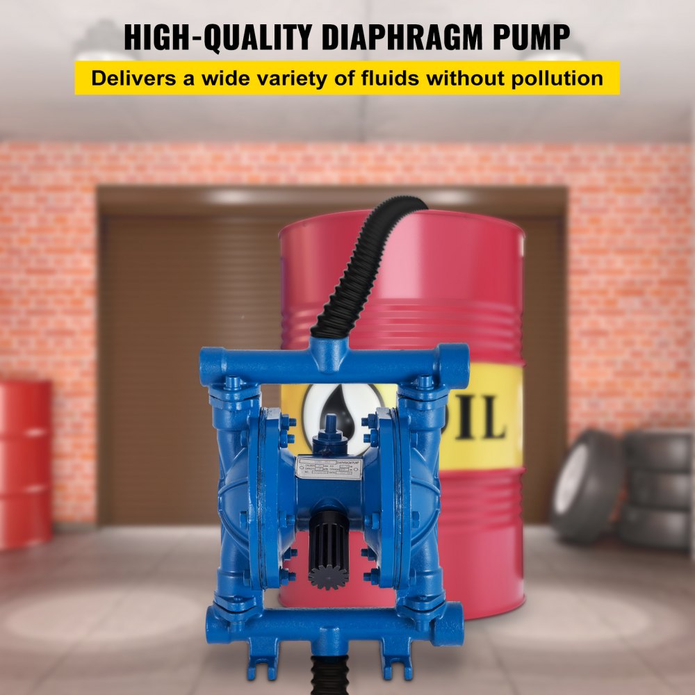 VEVOR Air-Operated Double Diaphragm Pump, 1/2 Inch Inlet and Outlet, Cast Iron Housing, 3 GPM and max. 90 PSI, Pneumatic Nitrile Diaphragm Transfer Pump for Petroleum, Diesel, Oil