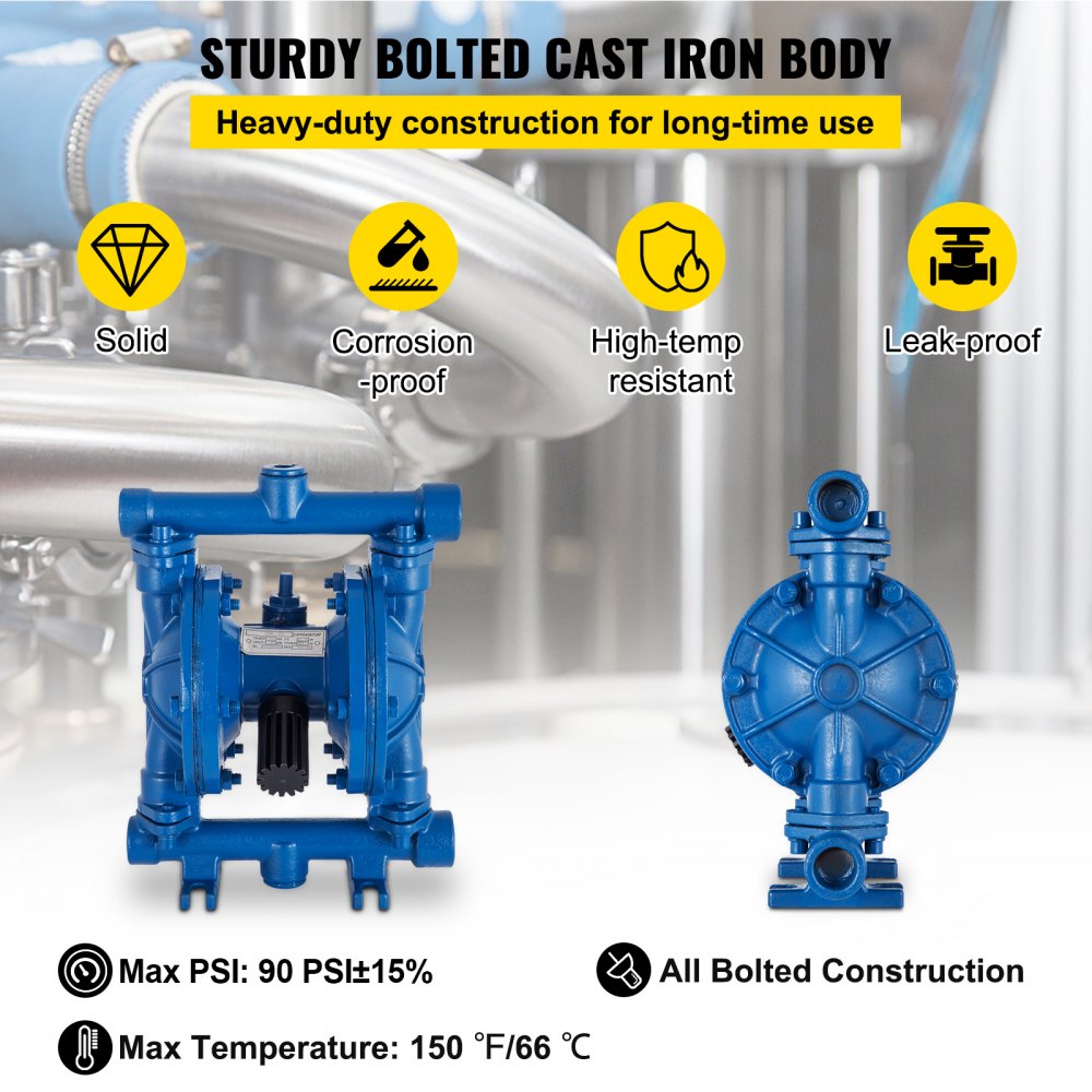VEVOR Air-Operated Double Diaphragm Pump, 1/2 Inch Inlet and Outlet, Cast Iron Housing, 3 GPM and max. 90 PSI, Pneumatic Nitrile Diaphragm Transfer Pump for Petroleum, Diesel, Oil