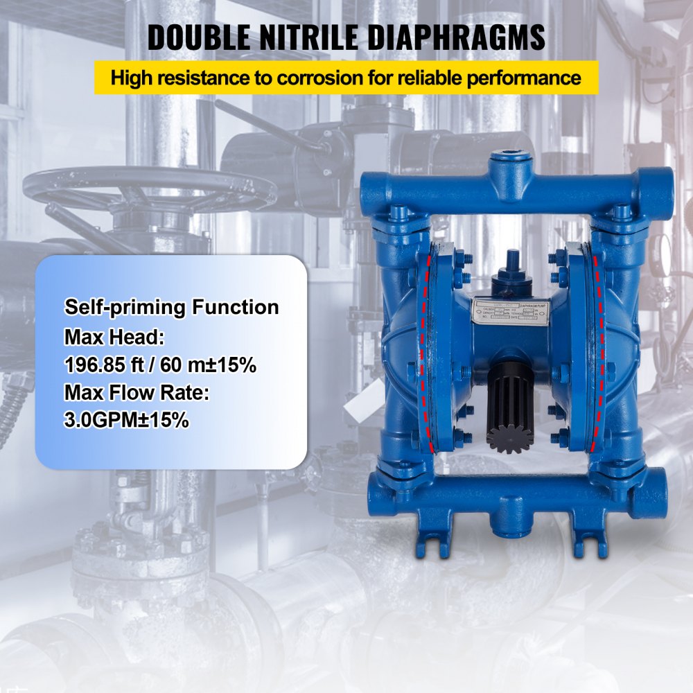 VEVOR Air-Operated Double Diaphragm Pump, 1/2 Inch Inlet and Outlet, Cast Iron Housing, 3 GPM and max. 90 PSI, Pneumatic Nitrile Diaphragm Transfer Pump for Petroleum, Diesel, Oil