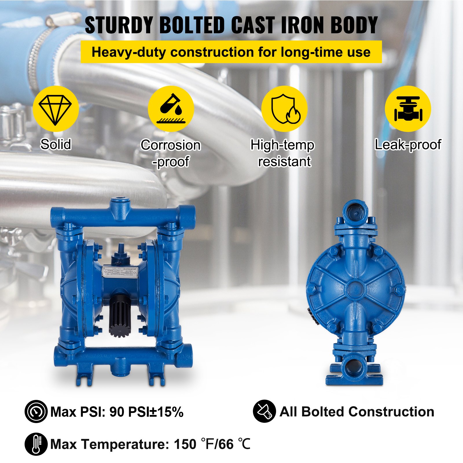 VEVOR Air-Operated Double Diaphragm Pump, 1/2 Inch Inlet and Outlet, Cast Iron Housing, 3 GPM and max. 90 PSI, Pneumatic Nitrile Diaphragm Transfer Pump for Petroleum, Diesel, Oil