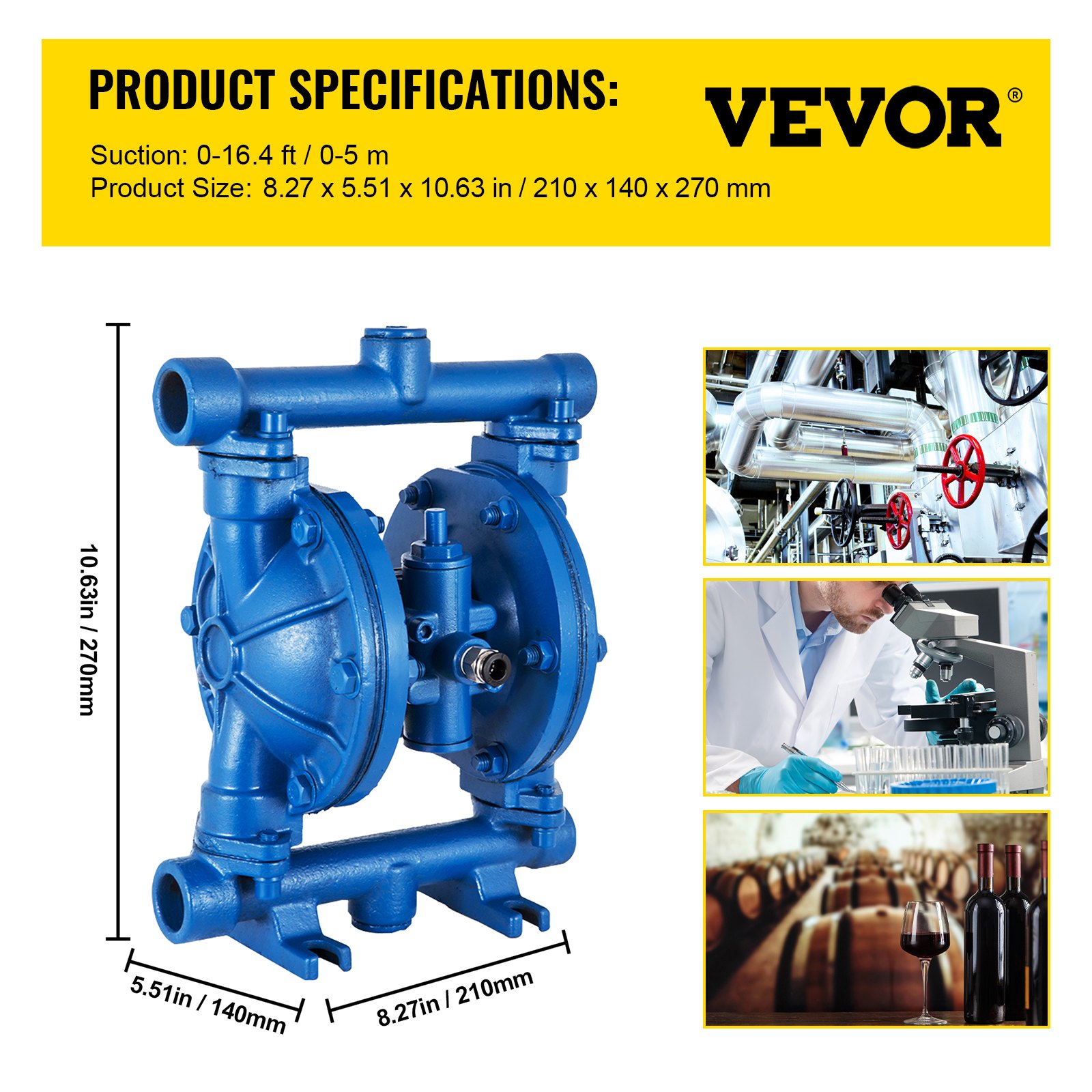 VEVOR Air-Operated Double Diaphragm Pump, 1/2 Inch Inlet and Outlet, Cast Iron Housing, 3 GPM and max. 90 PSI, Pneumatic Nitrile Diaphragm Transfer Pump for Petroleum, Diesel, Oil