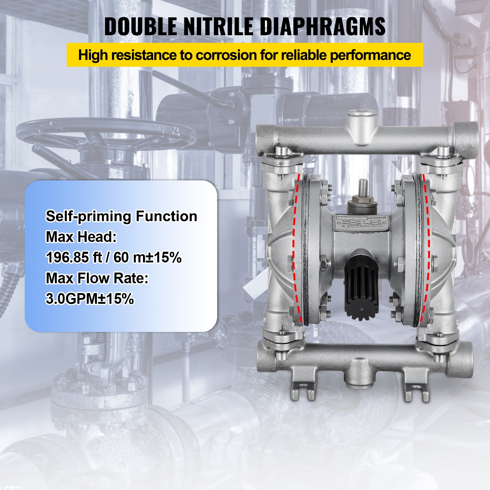VEVOR Pompa pneumatyczna z podwójną membraną, wlot i wylot 1/2 cala, obudowa ze stali nierdzewnej, 11.4L/min(3GPM) i maks. 120 PSI, pneumatyczna pompa transferowa z membraną PTFE do ropy naftowej, oleju napędowego, oleju i cieczy o niskiej lepkości