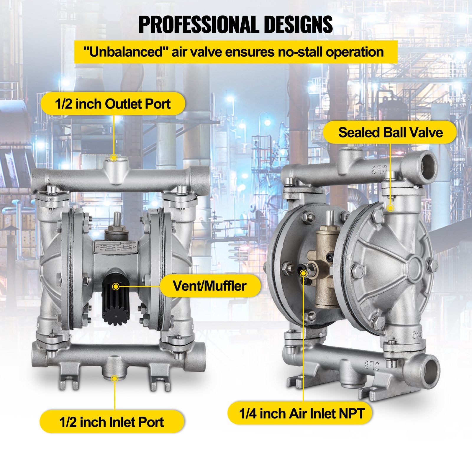 VEVOR Pompa pneumatyczna z podwójną membraną, wlot i wylot 1/2 cala, obudowa ze stali nierdzewnej, 11.4L/min(3GPM) i maks. 120 PSI, pneumatyczna pompa transferowa z membraną PTFE do ropy naftowej, oleju napędowego, oleju i cieczy o niskiej lepkości
