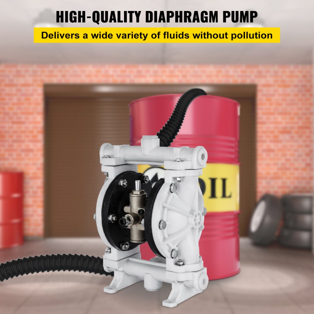 VEVOR Pompa pneumatyczna z podwójną membraną, wlot i wylot 1/2 cala, obudowa z polipropylenu, 9.5L/min(2,5 GPM) i maks. 80 PSI, pneumatyczna pompa transferowa z membraną PTFE do ropy naftowej, oleju napędowego, oleju i cieczy o niskiej lepkości