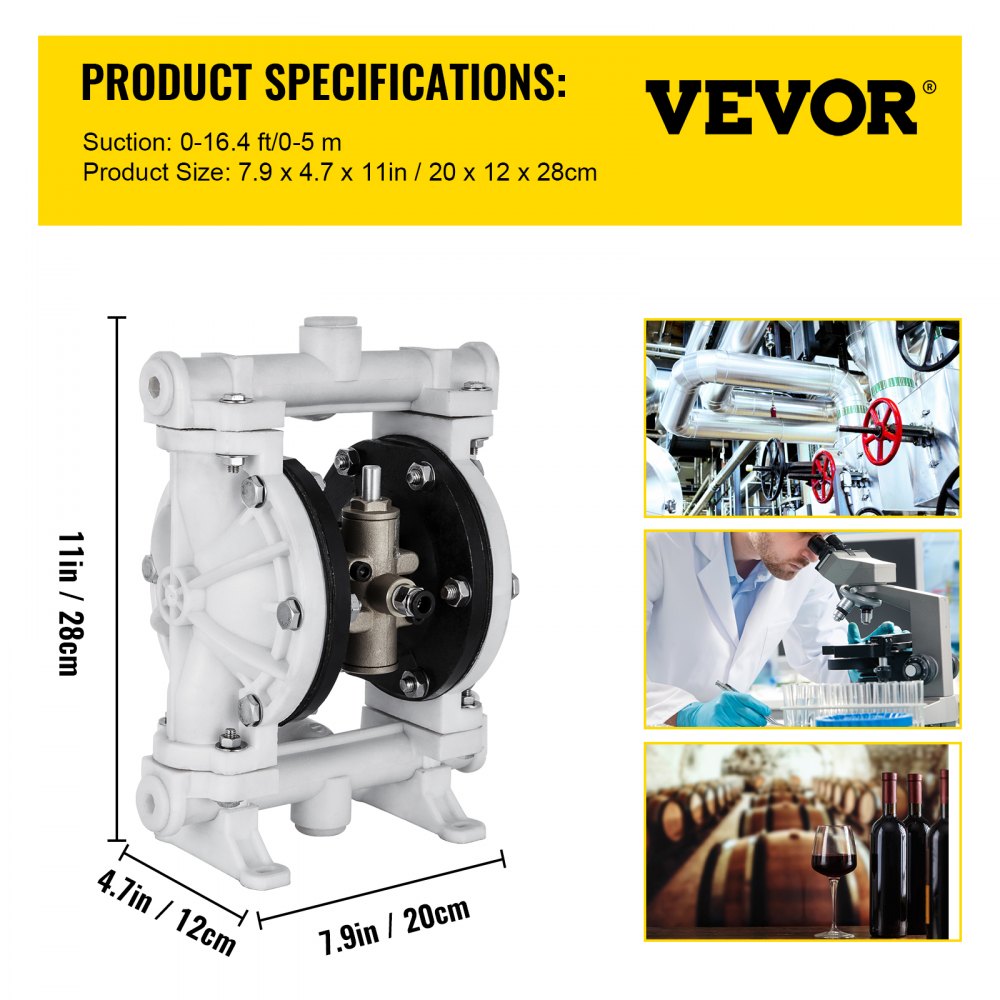 VEVOR Pompa pneumatyczna z podwójną membraną, wlot i wylot 1/2 cala, obudowa z polipropylenu, 9.5L/min(2,5 GPM) i maks. 80 PSI, pneumatyczna pompa transferowa z membraną PTFE do ropy naftowej, oleju napędowego, oleju i cieczy o niskiej lepkości