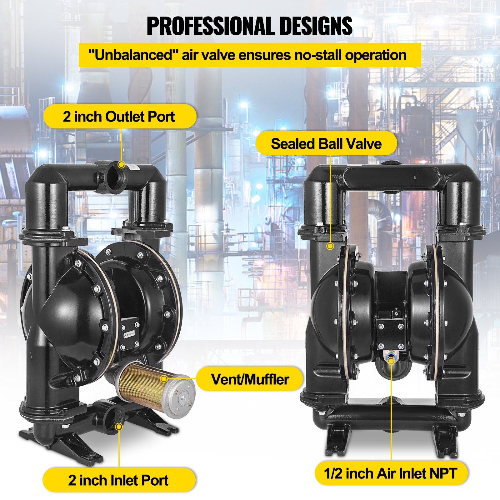 VEVOR air-operated double diaphragm pump, 2-inch inlet and outlet, aluminum alloy housing, 158.4 GPM and max. 120 PSI, nitrile diaphragm transfer pump for petroleum, diesel, oil and liquids