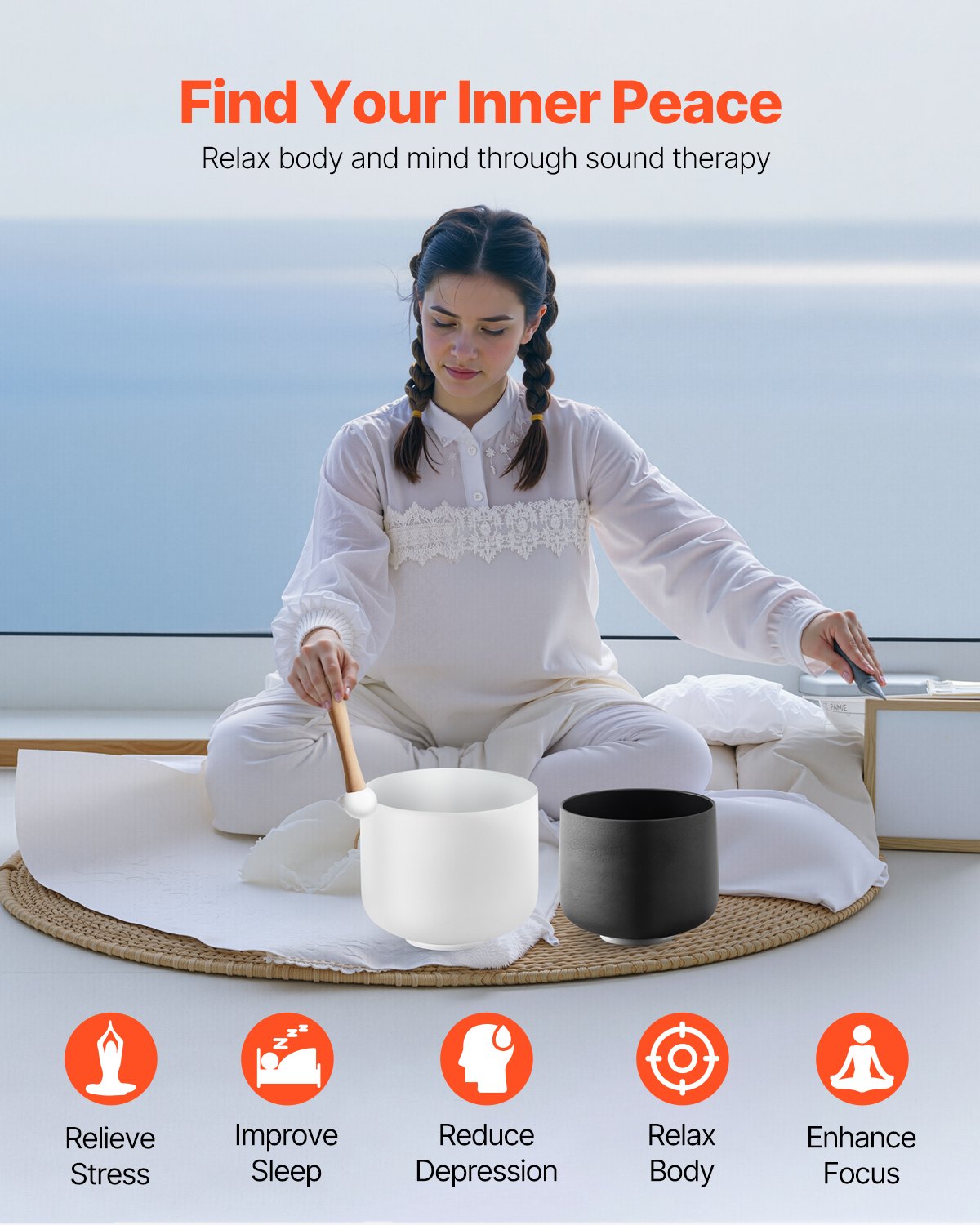 VEVOR 2 pcs. Crystal singing bowls, 203 & 254mm large A & F tone singing bowls, matte quartz singing bowl with carrying case, 1 rubber mallet and 2 O-rings, ideal for meditation, yoga, sound healing