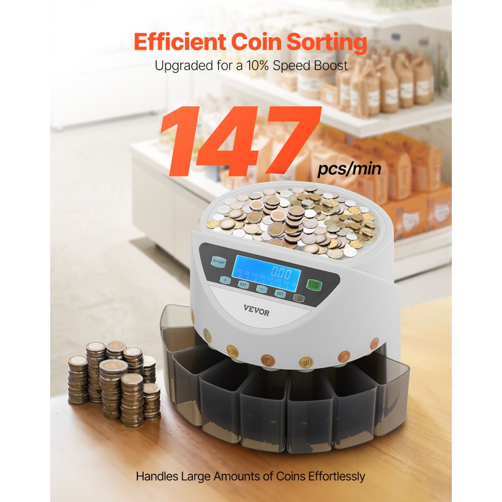Sorter monet euro VEVOR, maszyna licząca monety do 8 rodzajów monet euro, maszyna licząca monety do 850 monet, duży wyświetlacz LCD, miejsce na monety, w tym 5 tub i 8 pojemników na monety