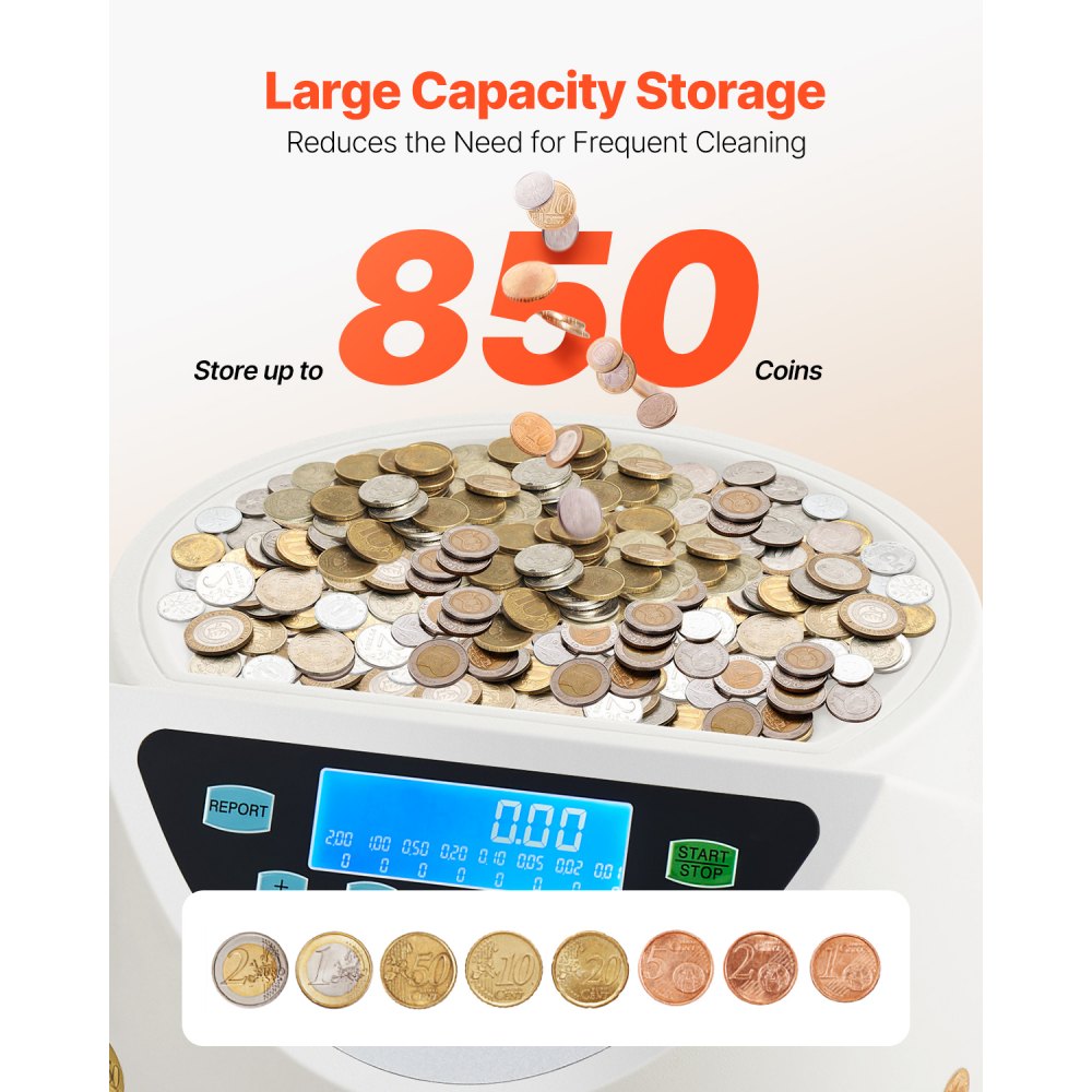 Sorter monet euro VEVOR, maszyna licząca monety do 8 rodzajów monet euro, maszyna licząca monety do 850 monet, duży wyświetlacz LCD, miejsce na monety, w tym 5 tub i 8 pojemników na monety