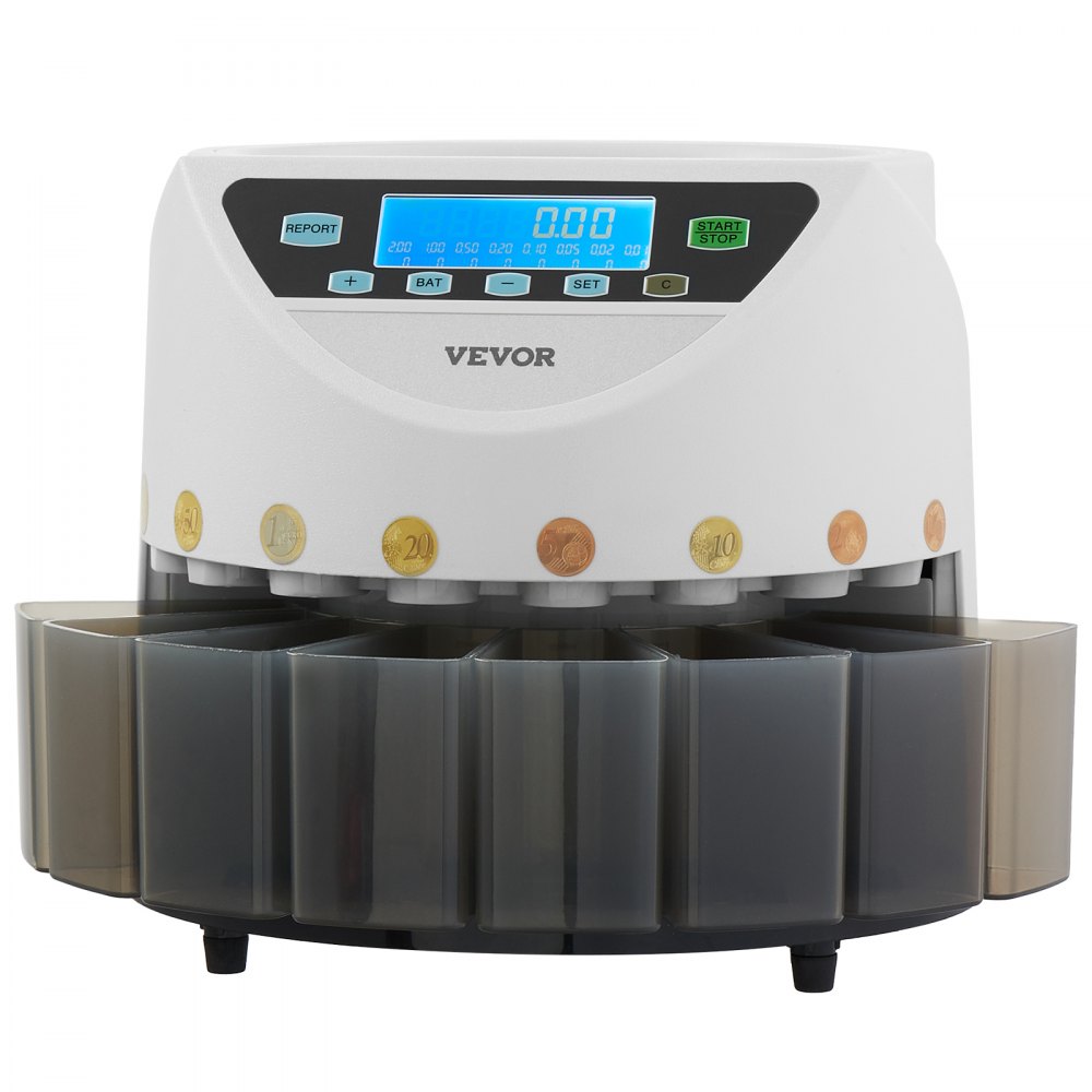 Sorter monet euro VEVOR, maszyna licząca monety do 8 rodzajów monet euro, maszyna licząca monety do 850 monet, duży wyświetlacz LCD, miejsce na monety, w tym 5 tub i 8 pojemników na monety