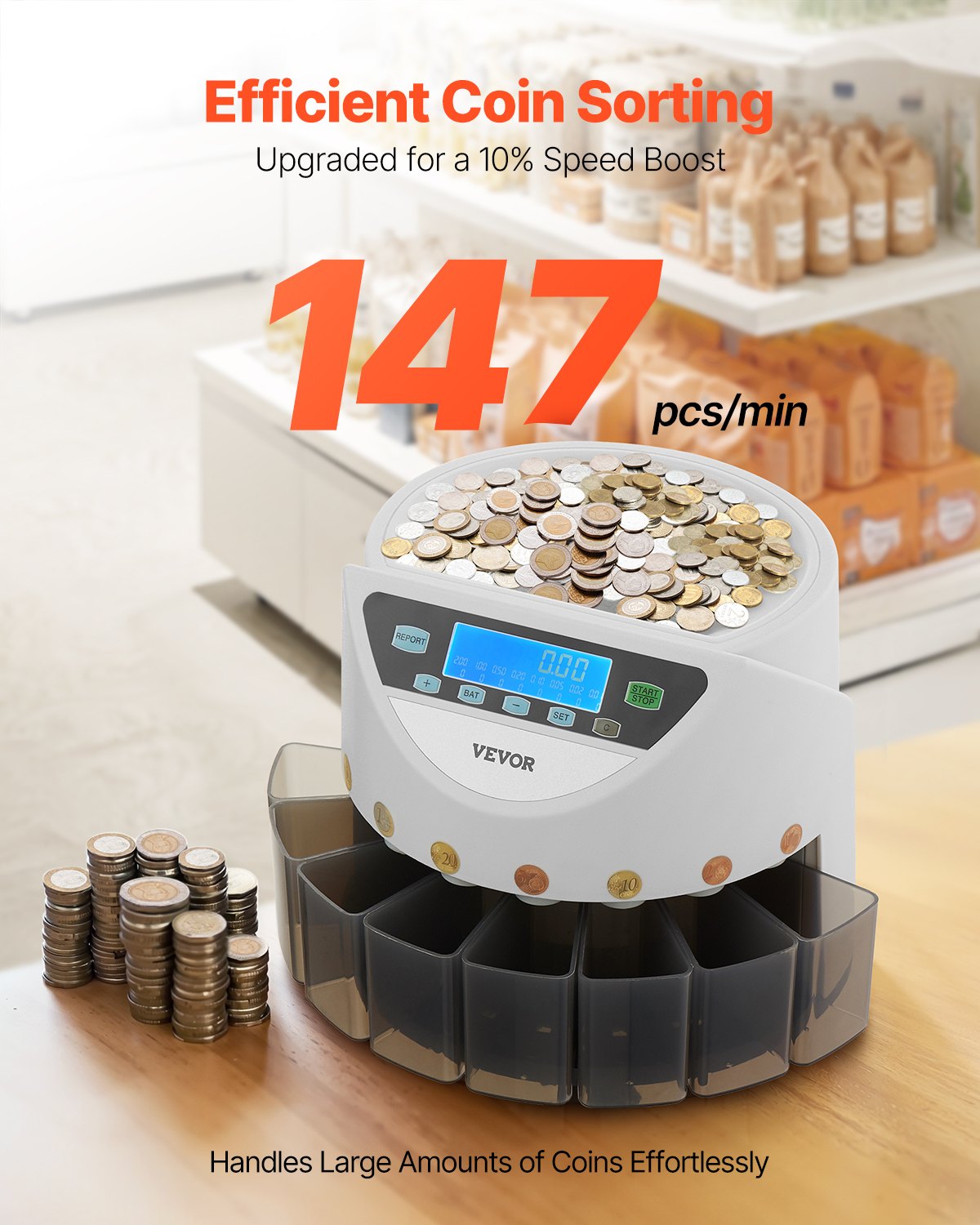 Sorter monet euro VEVOR, maszyna licząca monety do 8 rodzajów monet euro, maszyna licząca monety do 850 monet, duży wyświetlacz LCD, miejsce na monety, w tym 5 tub i 8 pojemników na monety