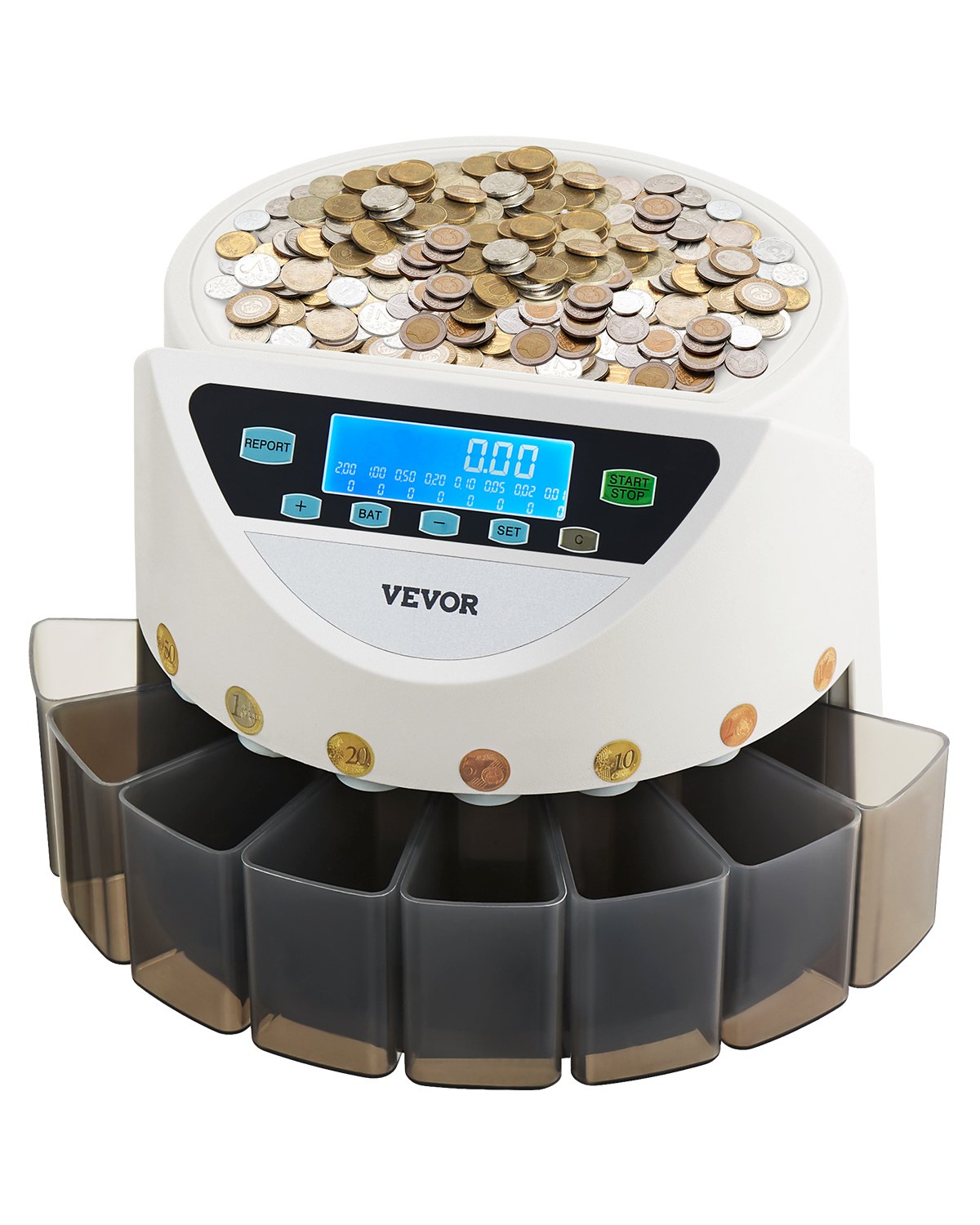 Sorter monet euro VEVOR, maszyna licząca monety do 8 rodzajów monet euro, maszyna licząca monety do 850 monet, duży wyświetlacz LCD, miejsce na monety, w tym 5 tub i 8 pojemników na monety