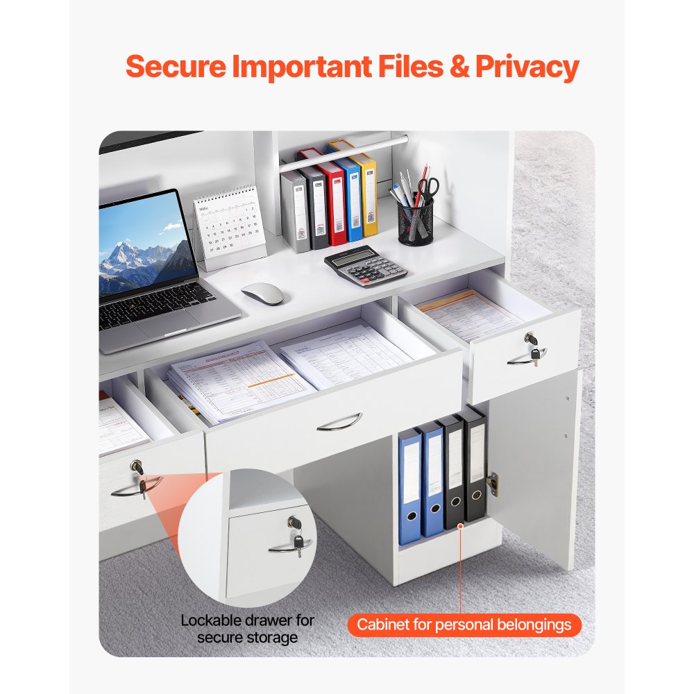 VEVOR Lada recepcyjna o długości 127,5 cm, prostokątna lada recepcyjna z listwą świetlną, 3 szufladami i szafkami do przechowywania, lada recepcyjna dla kasjera, hol, salon kosmetyczny, biuro, hotel, lada sprzedażowa, lada biurowa