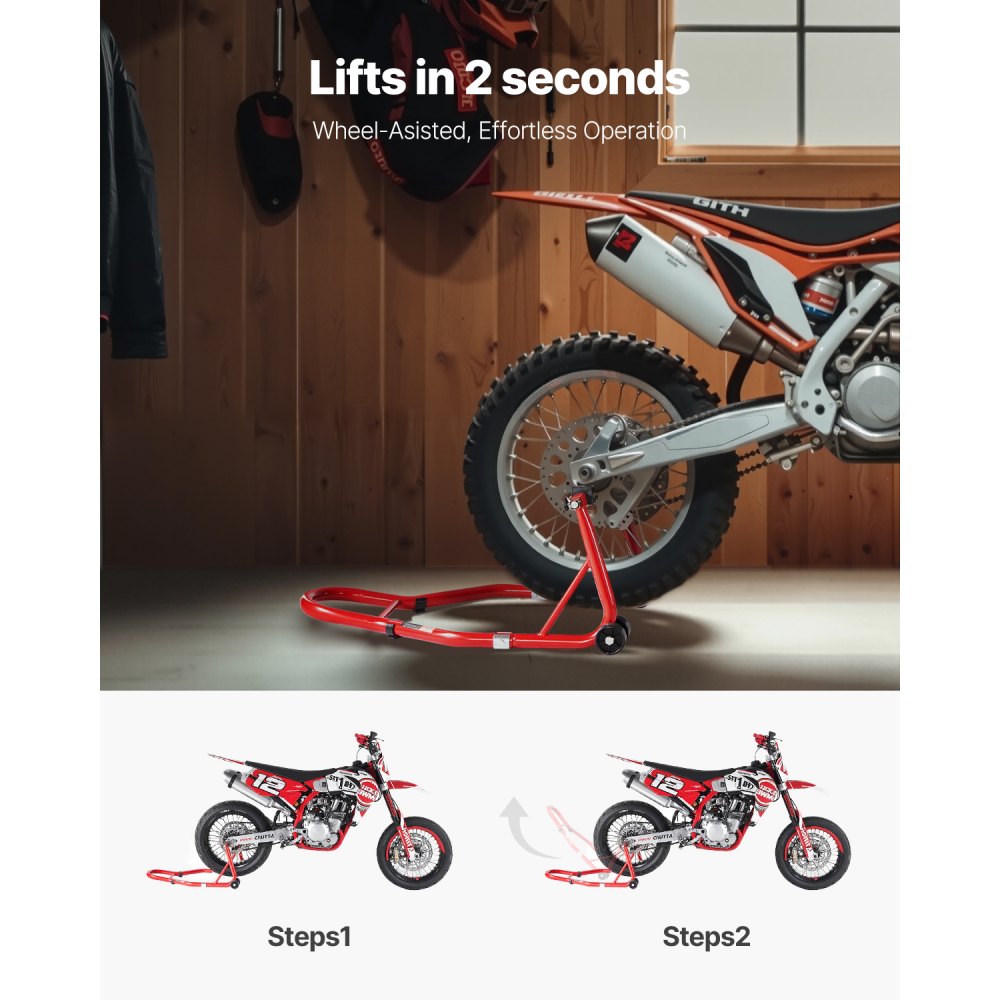VEVOR Podpórka pod tylne koło motocykla (nośność 385 kg), wytrzymała podpórka pod motocykl z wahaczem w kształcie litery U i L, regulowana podpórka pod motocykl Suzuki, Yamaha, Honda, Kawasaki, czerwona
