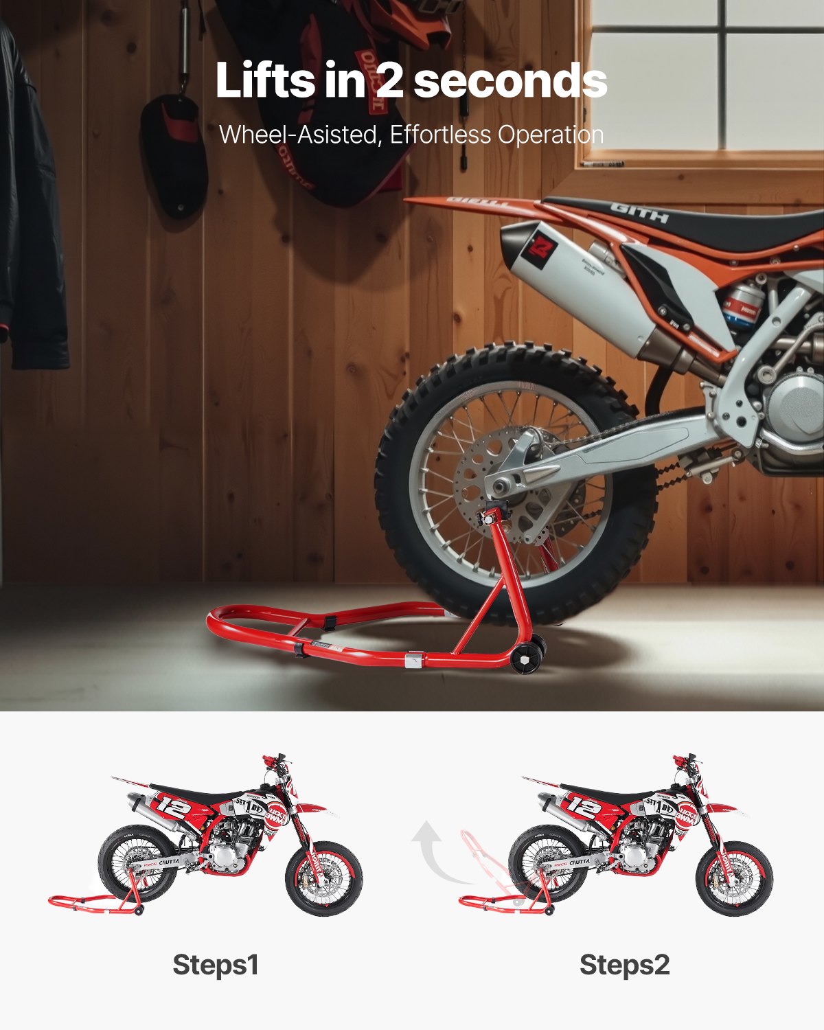 VEVOR Podpórka pod tylne koło motocykla (nośność 385 kg), wytrzymała podpórka pod motocykl z wahaczem w kształcie litery U i L, regulowana podpórka pod motocykl Suzuki, Yamaha, Honda, Kawasaki, czerwona