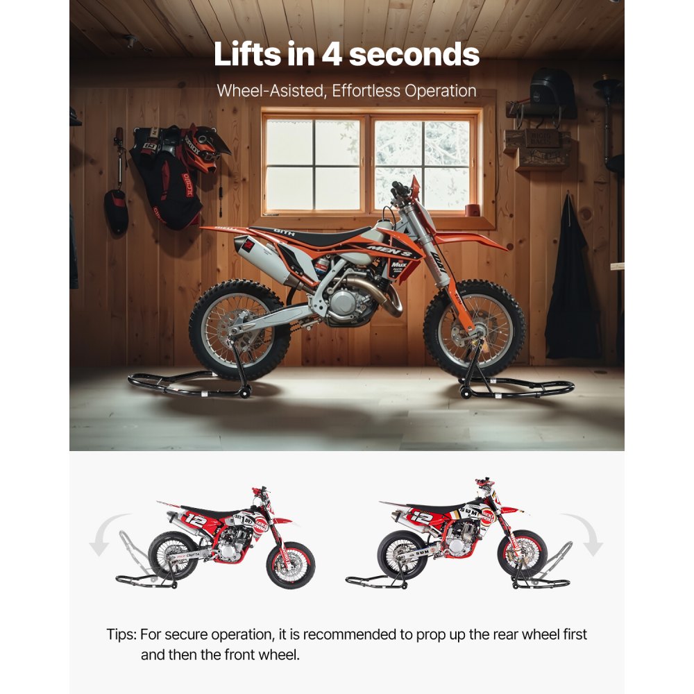 Podnośnik motocyklowy VEVOR z podnośnikiem przednim i tylnym, udźwig 500 kg, podwójny widelec przedni, sprężynowy widelec U+L z tylnym wahaczem, podnośnik motocyklowy do większości motocykli
