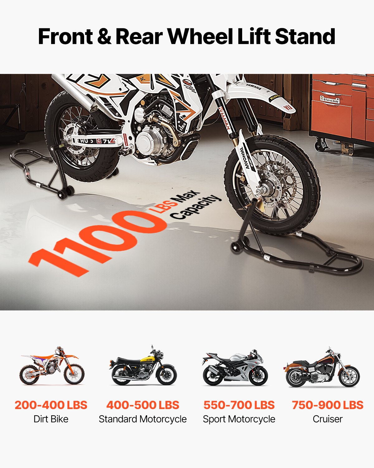 Podnośnik motocyklowy VEVOR z podnośnikiem przednim i tylnym, udźwig 500 kg, podwójny widelec przedni, sprężynowy widelec U+L z tylnym wahaczem, podnośnik motocyklowy do większości motocykli