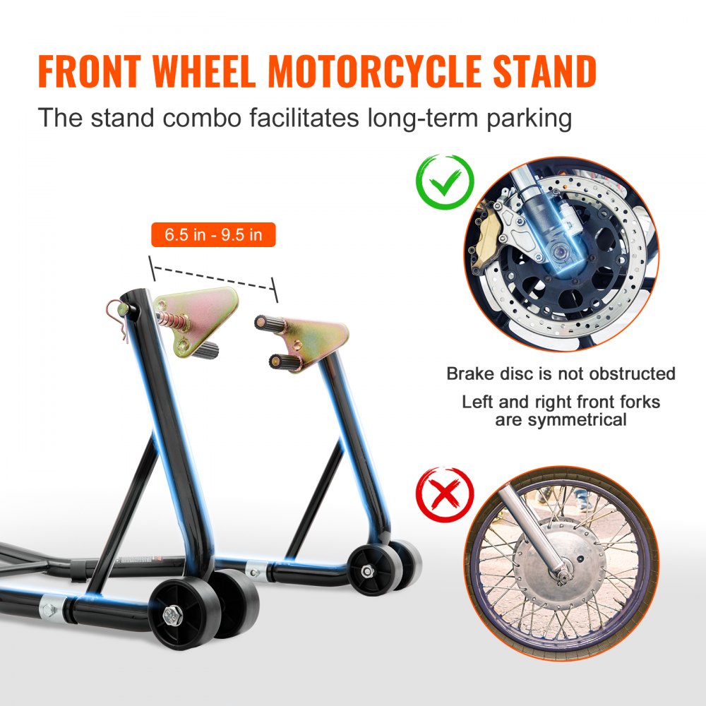 VEVOR Motorcycle Stand Set, Rear & Front, 0.39 t Load Capacity, U-Type + L-Type + Double Fork Heads, 225-350 mm / 230-330 mm / 165-240 mm, Rolling Mounting Stand, Mounting Lift, Mounting Jack