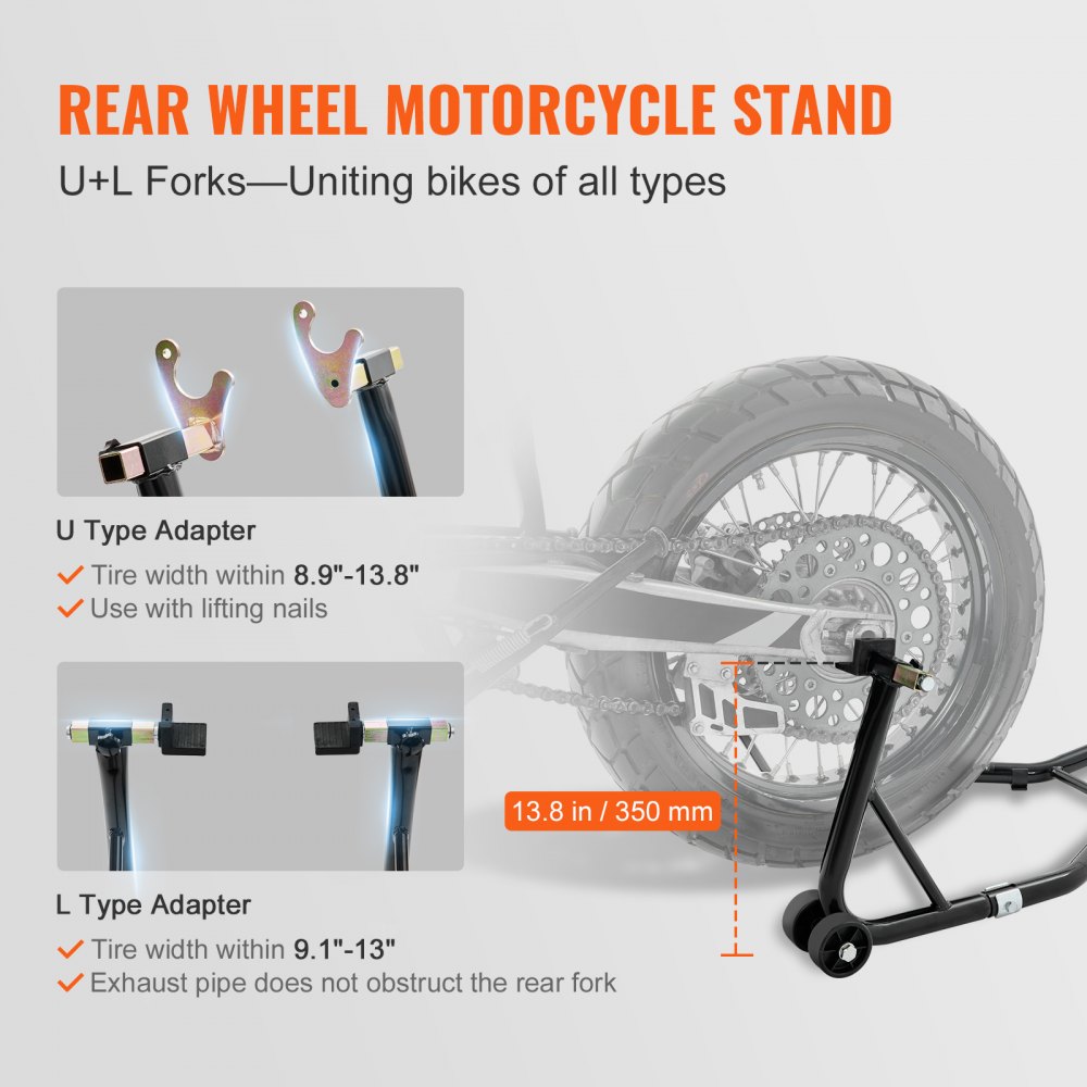 Zestaw stojaków motocyklowych VEVOR, stojak tylny i przedni, nośność 0,39 t, typ U + typ L + podwójne głowice widelca, 225-350 mm / 230-330 mm / 165-240 mm, stojak montażowy z możliwością przesuwania, podnośnik montażowy