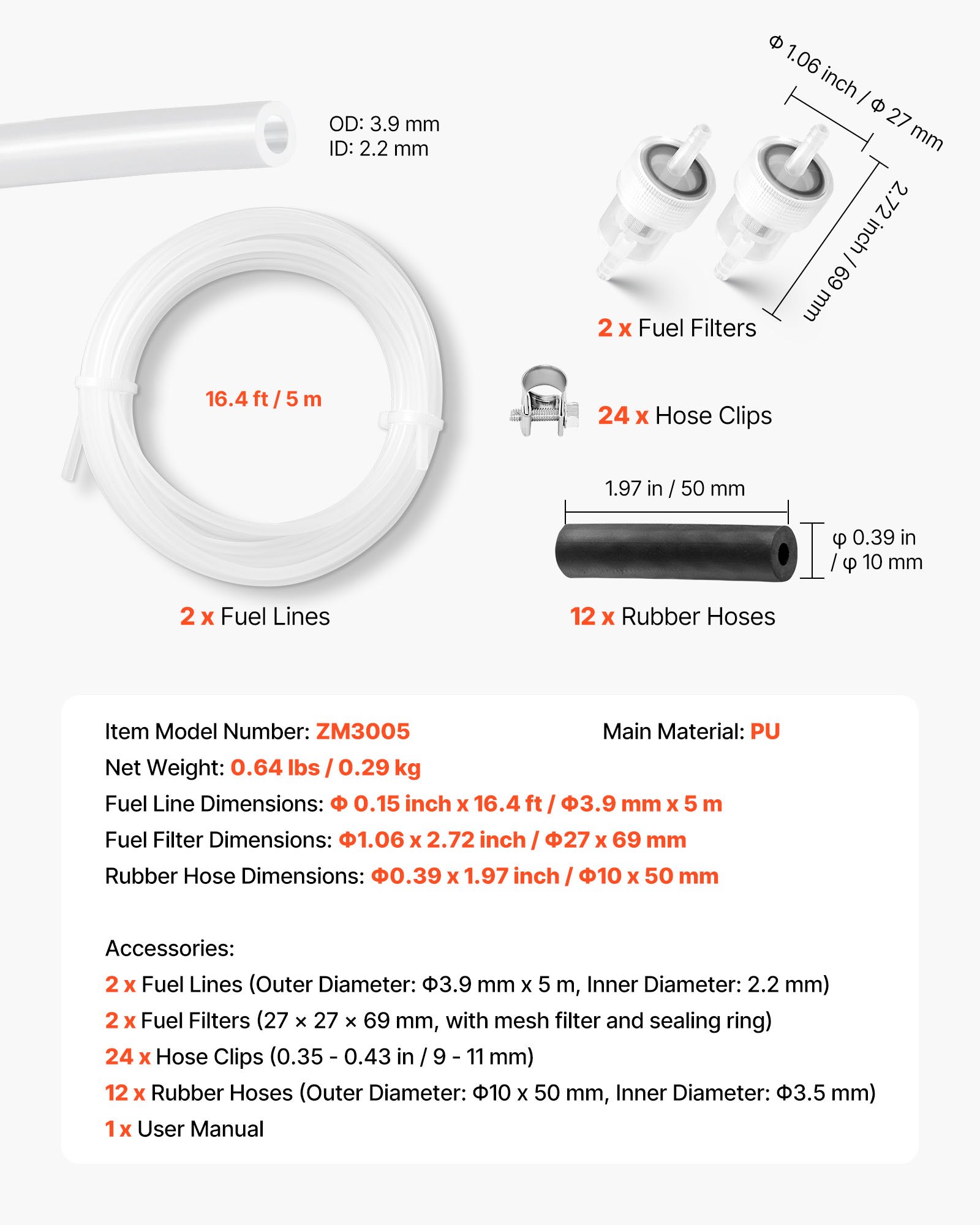 VEVOR Fuel Pipe Hose Line Kit, 5000mm Diesel Heater Fuel Line Kit, Replaceable Parking Heater Fuels Lines Kits with Lines Filters Clips & Hoses, Tank Diesel Heater Accessories for 2KW 5KW 8KW Heaters