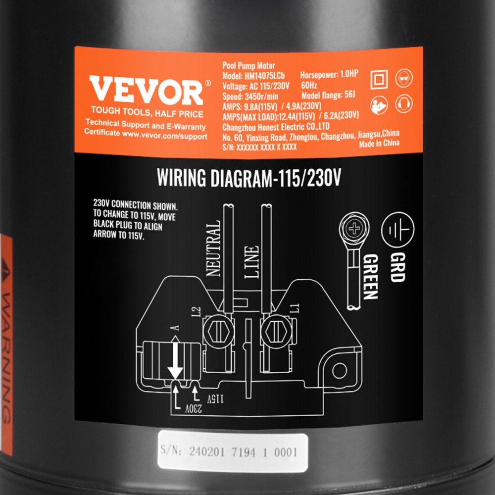 Silnik pompy basenowej VEVOR 1 HP, rama 56J, 115 V (9,8 A) / 230 V (4,9 A), 3450 obr./min, 60 Hz, współczynnik wypełnienia 1,4, kondensator 90 μF / 250 V, silnik zamienny z okrągłym kołnierzem obrotowym w kierunku przeciwnym do ruchu wskazówek zegara