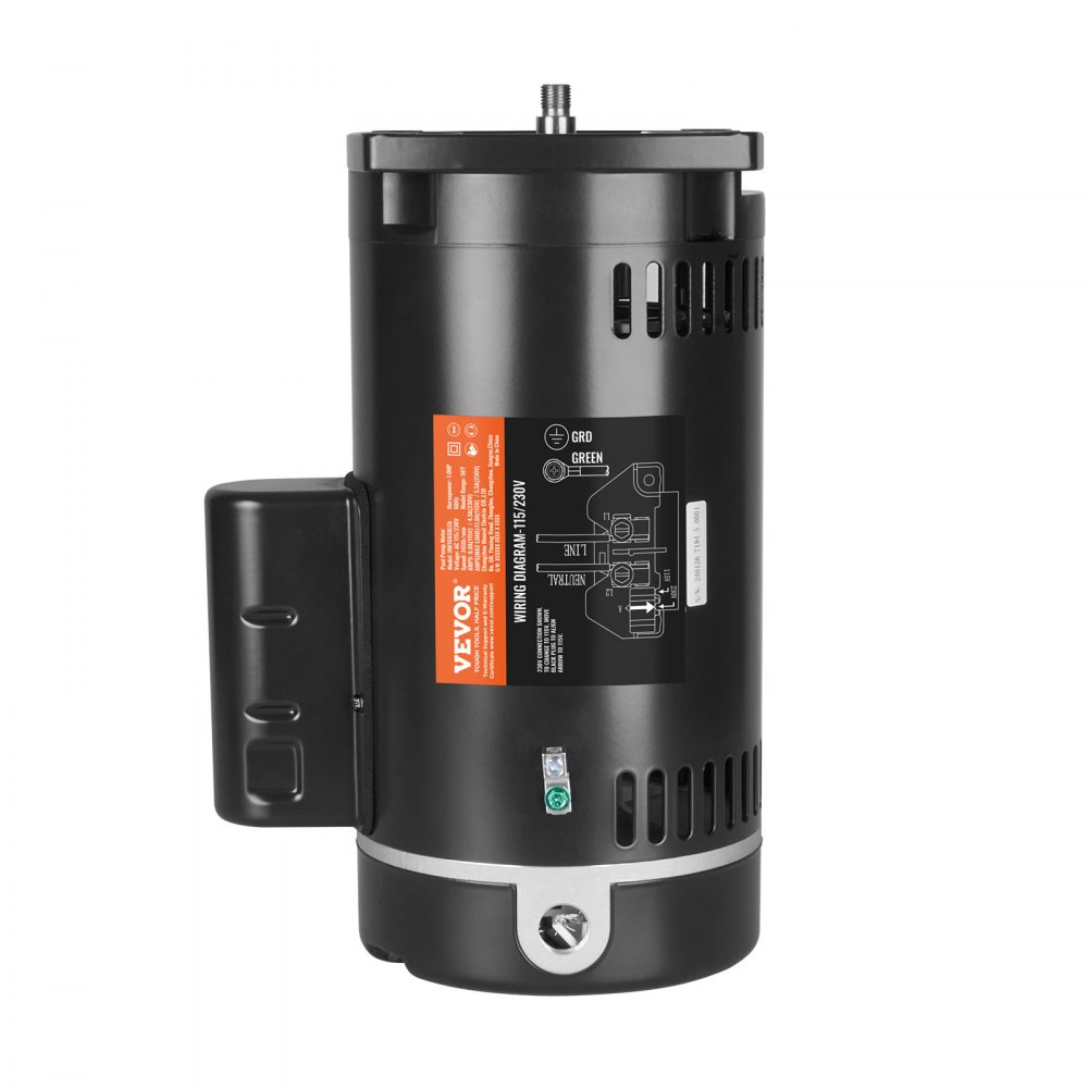 Silnik pompy basenowej VEVOR 1 HP, rama 56Y, 115 V (9 A) / 230 V (4,5 A), 3450 obr./min, 60 Hz, współczynnik wypełnienia 1,25, kondensator 90 μF / 250 V, silnik zamienny z kołnierzem kwadratowym i obrotem w kierunku przeciwnym do ruchu wskazówek zegara
