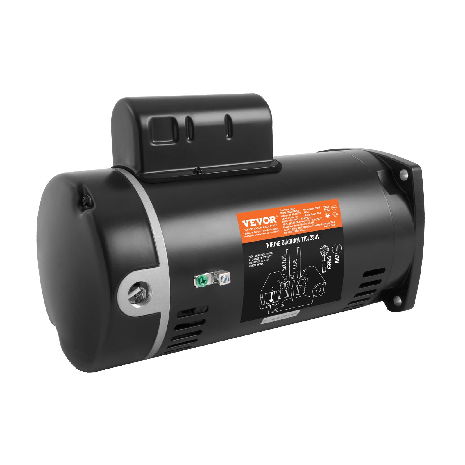 Silnik pompy basenowej VEVOR 1 HP, rama 56Y, 115 V (9 A) / 230 V (4,5 A), 3450 obr./min, 60 Hz, współczynnik wypełnienia 1,25, kondensator 90 μF / 250 V, silnik zamienny z kołnierzem kwadratowym i obrotem w kierunku przeciwnym do ruchu wskazówek zegara