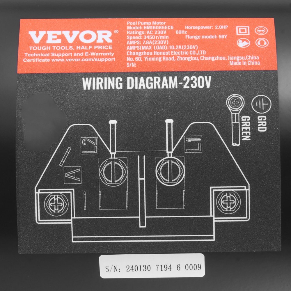 Silnik pompy basenowej VEVOR 2 HP, rama 56Y, 230 V (7,8 A), 3450 obr./min, 60 Hz, współczynnik wypełnienia 1,3, kondensator 50 μF/250 V, silnik zamienny z kołnierzem kwadratowym obracającym się w lewo