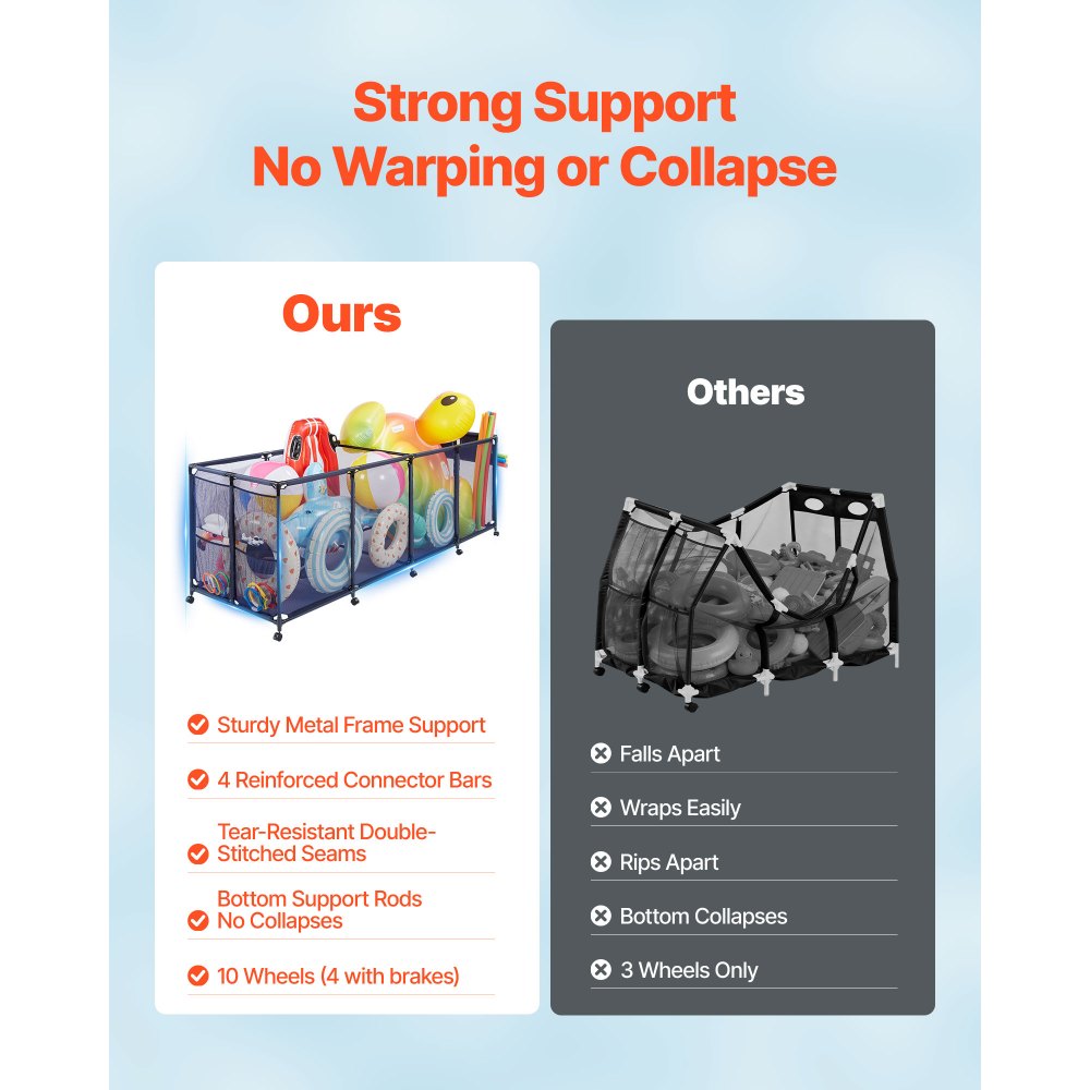 Pojemnik do przechowywania zabawek basenowych VEVOR 2620x815x890 mm, organizer z kieszeniami bocznymi, metalowa rama, kosz siatkowy, pudełko do przechowywania, koszyk organizacyjny, koszyk do przechowywania, wózek do przechowywania zabawek basenowych