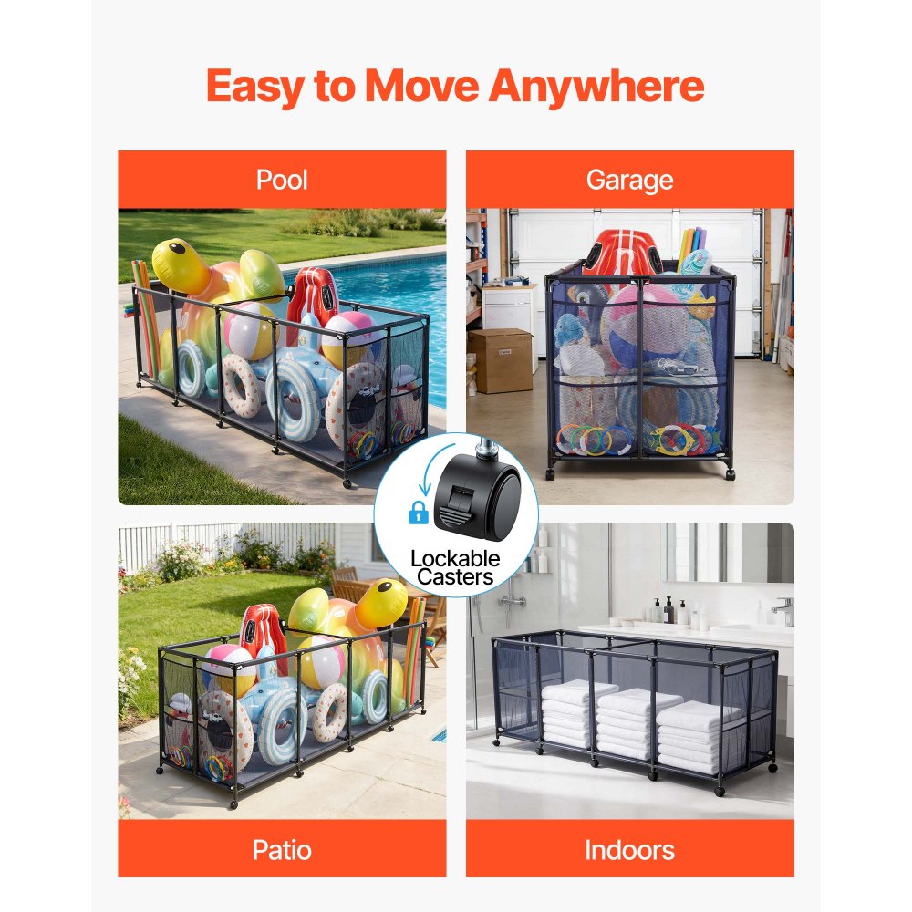 Pojemnik do przechowywania zabawek basenowych VEVOR 2620x815x890 mm, organizer z kieszeniami bocznymi, metalowa rama, kosz siatkowy, pudełko do przechowywania, koszyk organizacyjny, koszyk do przechowywania, wózek do przechowywania zabawek basenowych