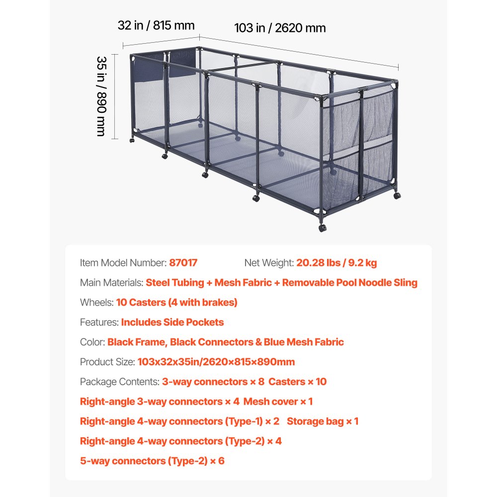 Pojemnik do przechowywania zabawek basenowych VEVOR 2620x815x890 mm, organizer z kieszeniami bocznymi, metalowa rama, kosz siatkowy, pudełko do przechowywania, koszyk organizacyjny, koszyk do przechowywania, wózek do przechowywania zabawek basenowych