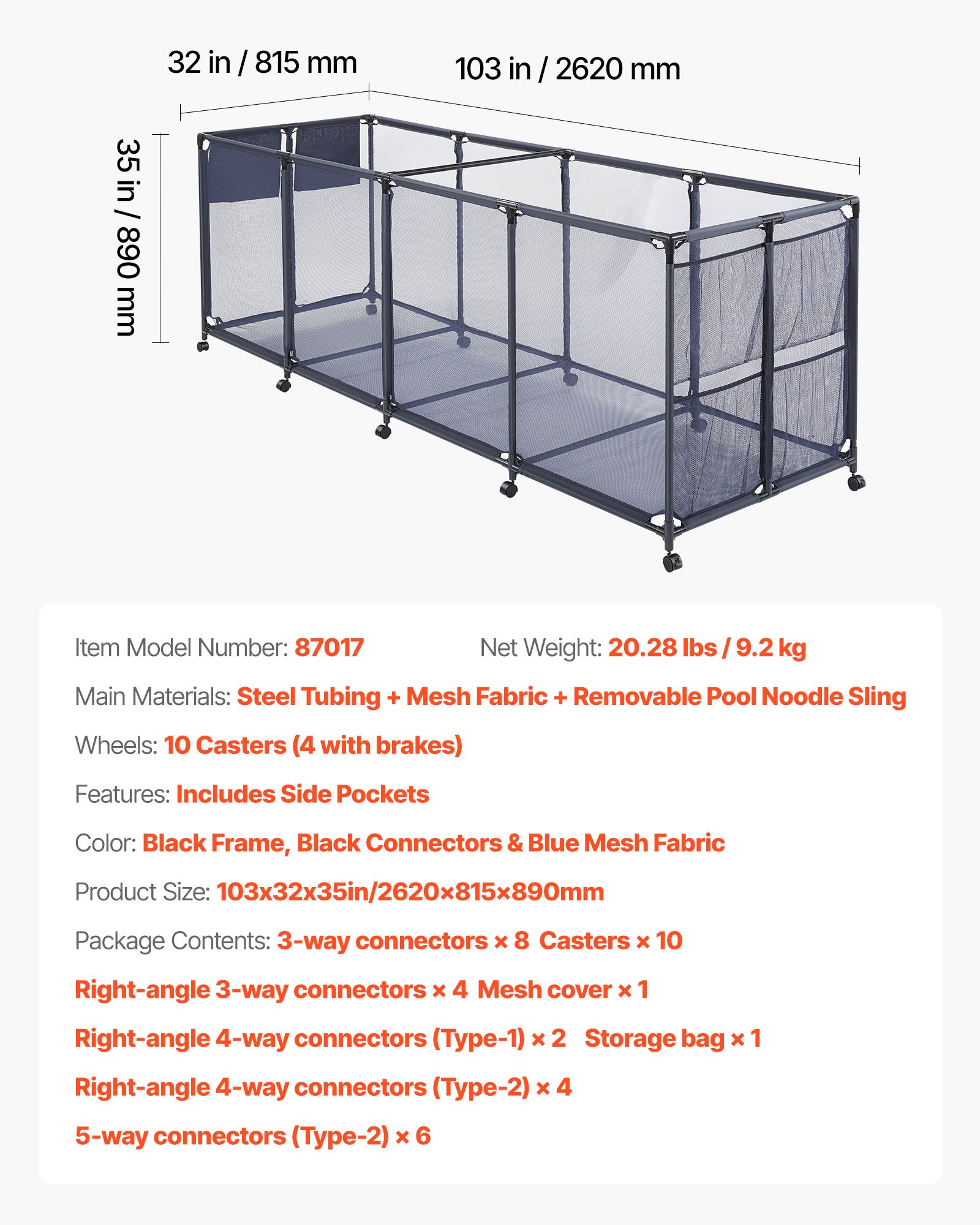 Pojemnik do przechowywania zabawek basenowych VEVOR 2620x815x890 mm, organizer z kieszeniami bocznymi, metalowa rama, kosz siatkowy, pudełko do przechowywania, koszyk organizacyjny, koszyk do przechowywania, wózek do przechowywania zabawek basenowych
