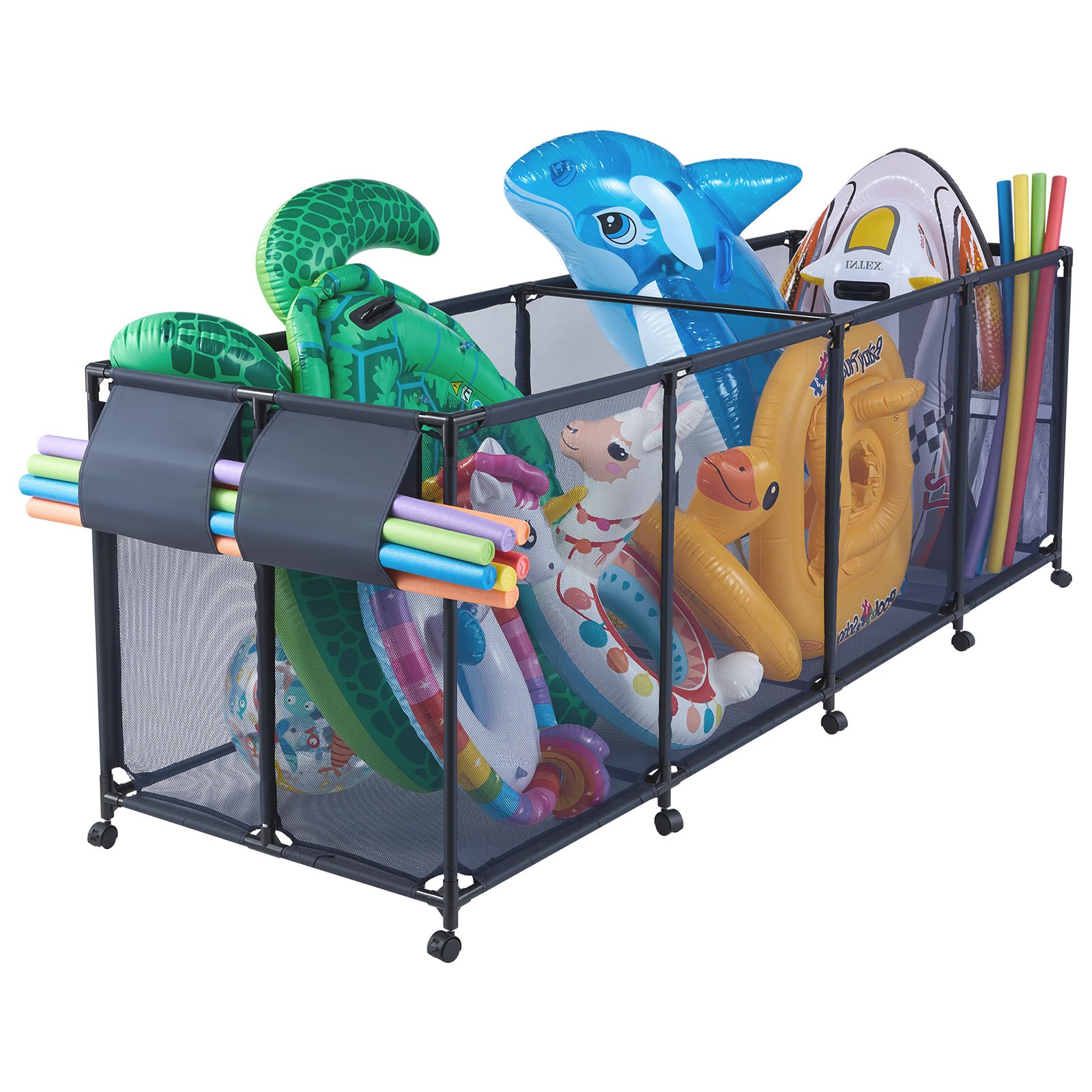 Pojemnik do przechowywania zabawek basenowych VEVOR 2620x815x890 mm, organizer z kieszeniami bocznymi, metalowa rama, kosz siatkowy, pudełko do przechowywania, koszyk organizacyjny, koszyk do przechowywania, wózek do przechowywania zabawek basenowych