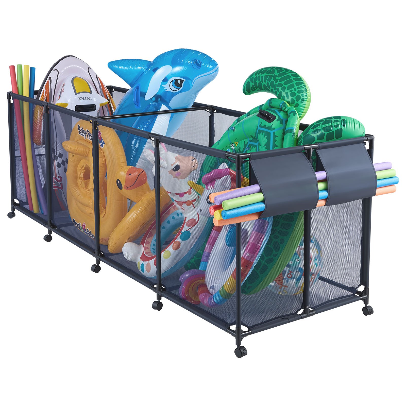 Pojemnik do przechowywania zabawek basenowych VEVOR 2620x815x890 mm, organizer z kieszeniami bocznymi, metalowa rama, kosz siatkowy, pudełko do przechowywania, koszyk organizacyjny, koszyk do przechowywania, wózek do przechowywania zabawek basenowych