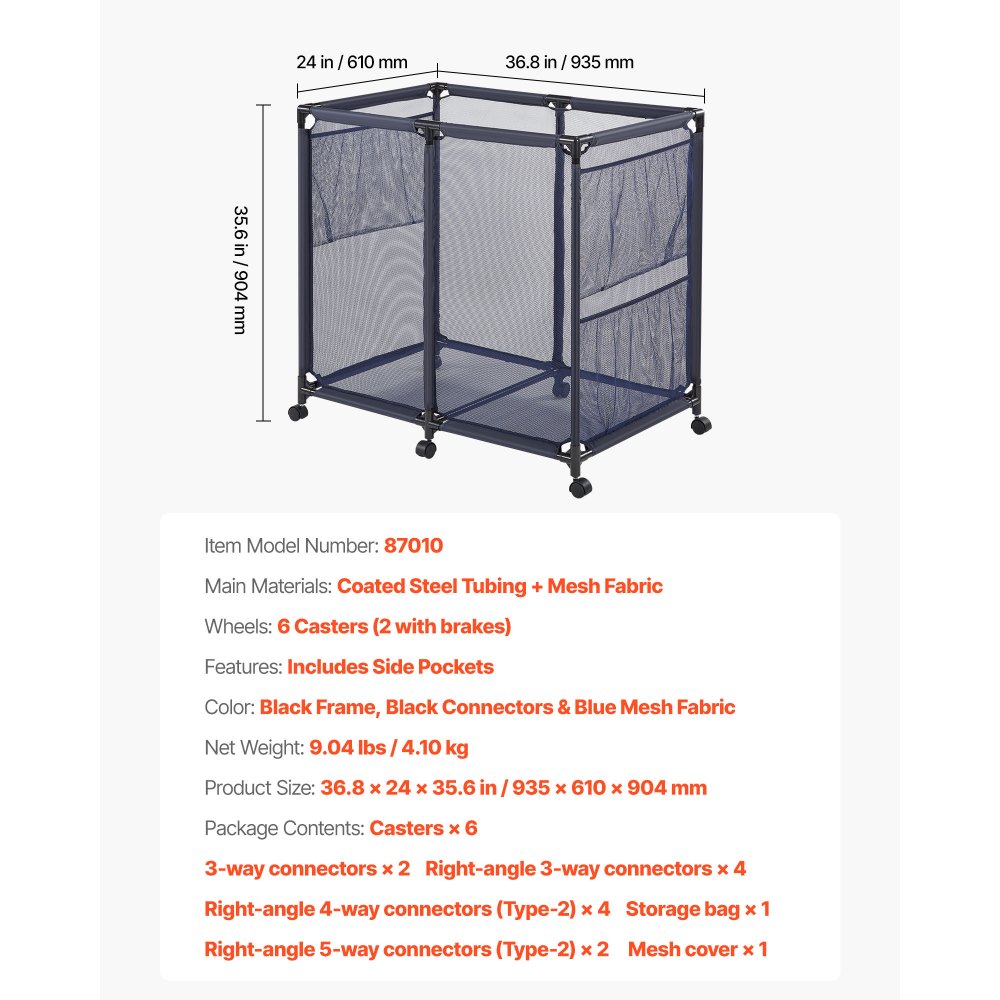 Pojemnik do przechowywania basenu VEVOR 93,5 x 61 x 90,4 cm, pojemnik do przechowywania basenu z 6 kółkami, organizer z siatki z metalową ramą i kieszeniami bocznymi, kosz organizera na makarony basenowe i sprzęt do pływania