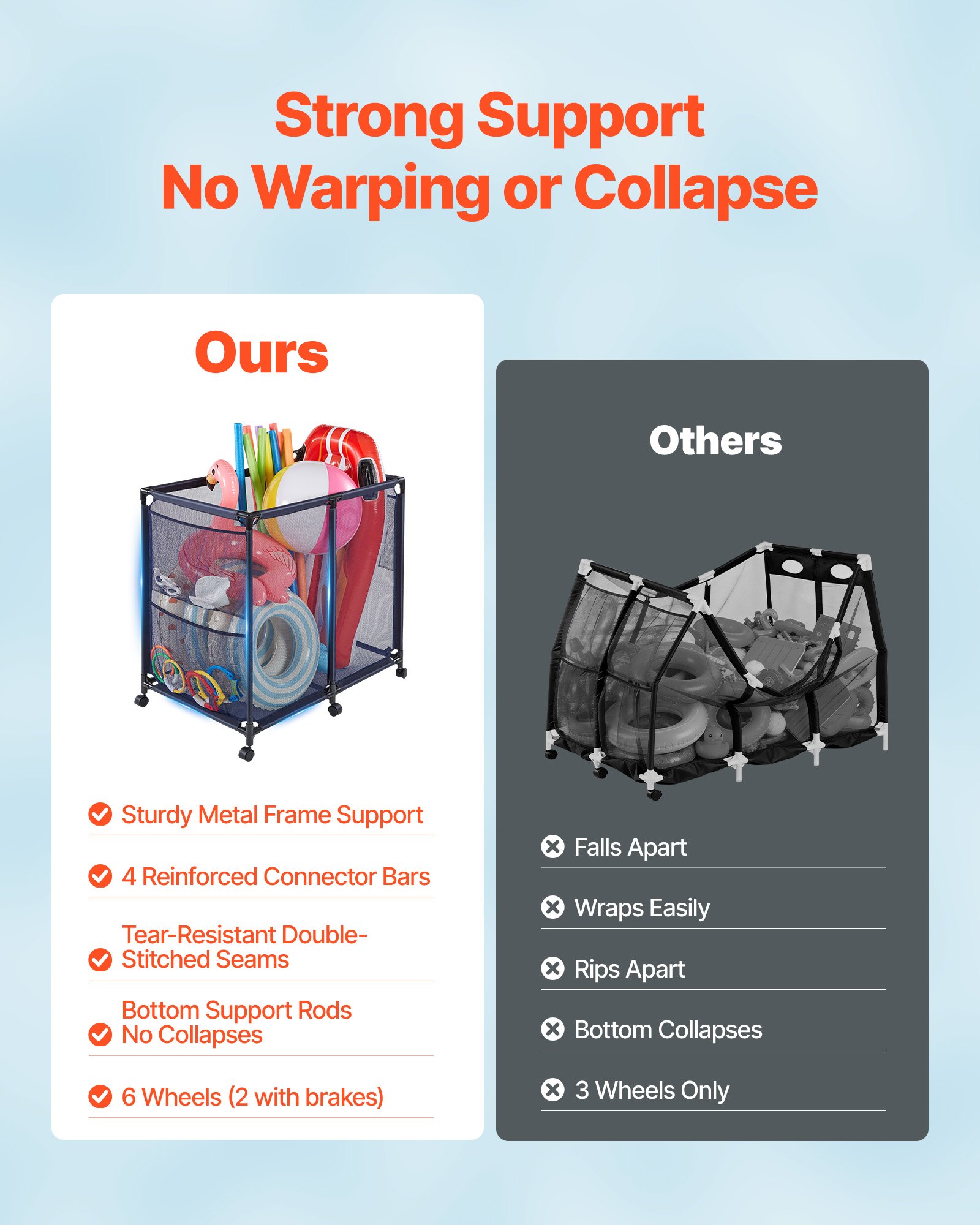 VEVOR Pool Storage Bin, 93.5 x 61 x 90.4 cm, Rolling Pool Float Storage Organizer with Side Pockets & Casters, Heavy Duty Metal Frame, Poolside Toys Noodles Holder Mesh Basket for Swimming Pools